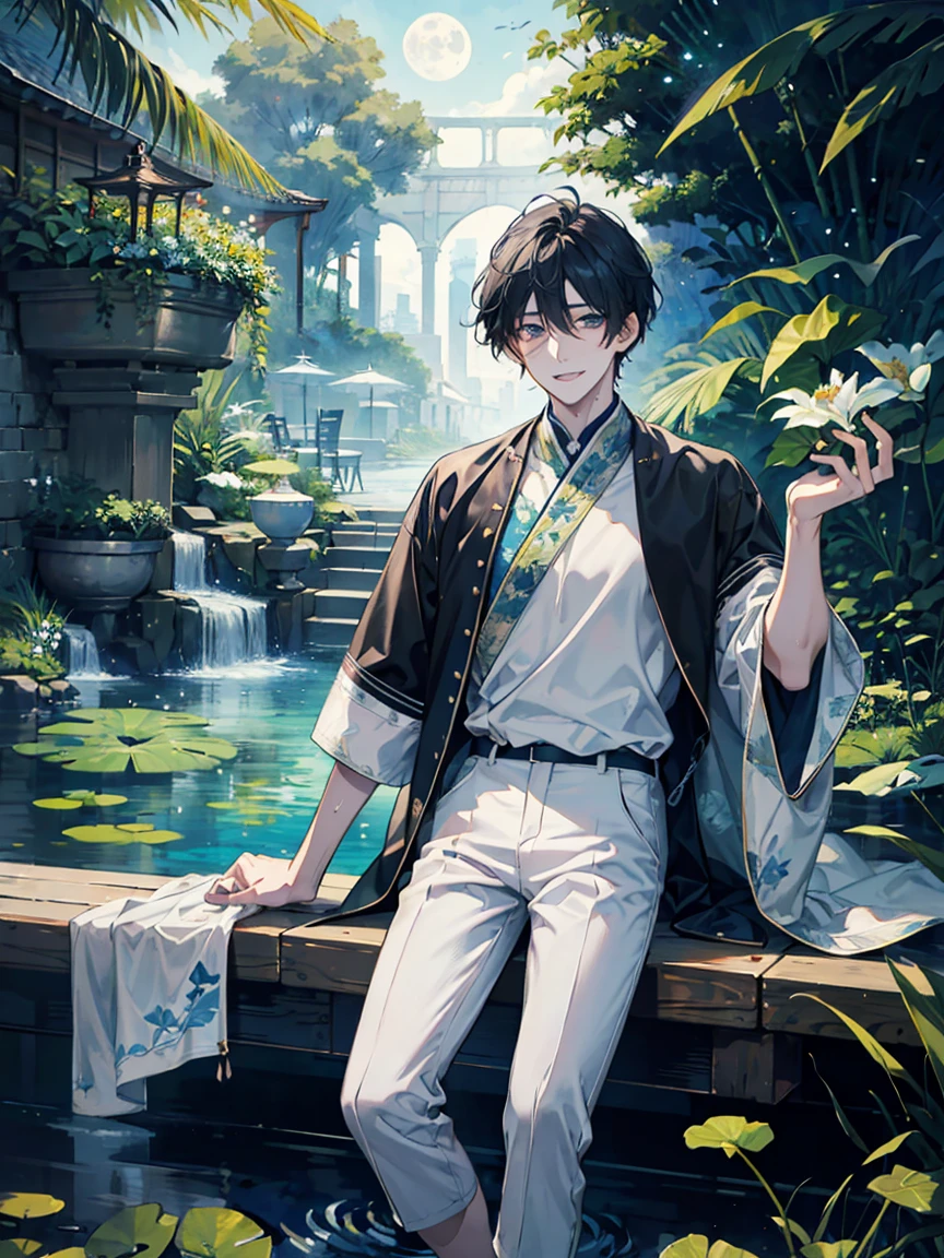 ((masterpiece,best quality)), 1 male, adult, handsome,full_moon, leaf, moon, plant, potted_plant, bamboo, 1guy, handsome man, palm_tree, water, tanabata, branch, barefoot, night, lily_pad, tanzaku, soaking_feet, vines, solo, outdoors, tree, very short black hair, wet, flower, smile, ivy, green_eyes, pants, lily_of_the_valley, sky, looking_at_viewer, palm_leaf, casual clothes, ((masterpiece,best quality)), beautiful detailed eyes, beautiful detailed face, white shirt, white pants

