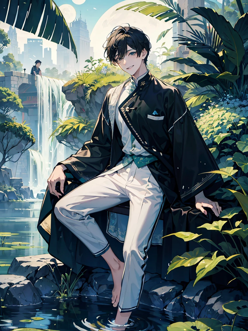 ((masterpiece,best quality)), 1 male, adult, handsome,full_moon, leaf, moon, plant, potted_plant, bamboo, 1guy, handsome man, palm_tree, water, tanabata, branch, barefoot, night, lily_pad, tanzaku, soaking_feet, vines, solo, outdoors, tree, very short black hair, wet, flower, smile, ivy, green_eyes, pants, lily_of_the_valley, sky, looking_at_viewer, palm_leaf, casual clothes, ((masterpiece,best quality)), beautiful detailed eyes, beautiful detailed face, white shirt, white pants

