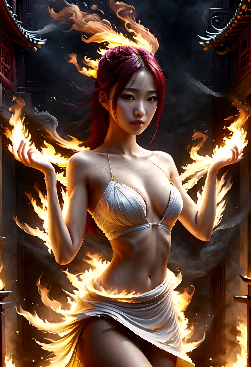 Best image quality, masterpiece level, ultra high resolution, realism, fantasy theme, arms, facial details, a girl, single, OK, Fairy tale theme, Upper body, Chinese architecture, flame, Get detailed outdoor lighting and lighting, Increase the detail of the overall ambient light, Face and eye details, improve the realism of body details, express clear focus, poker face, White long skirt, burgundy hair, Bright Eyes, simple background.