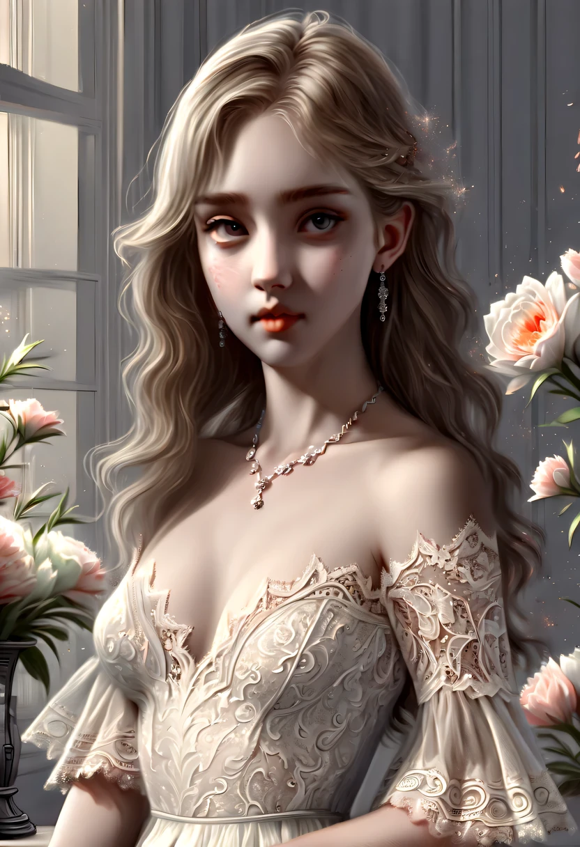 best quality, Excellent details, ultra high resolution, (fidelity: 1.4), Best Illustration, Offer details, Highly concentrated 1girl, Have a delicate and beautiful face, Delicate collarbone, High quality lace skirt, Shy