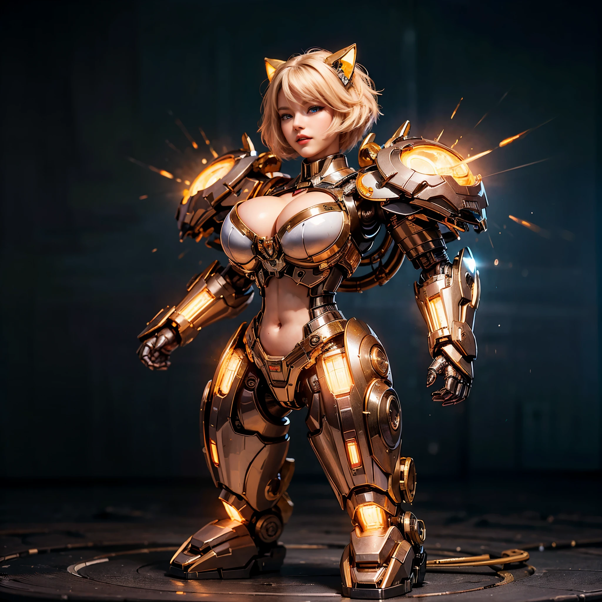 miling minchen, aburdes, (mouth:1.16) closed, balanced eyes, (Best quality details:1.2),realistic,8K High definition,Ultra Detailed,High quality texture,intricate details,detailed texture, finely detailed, high detail, extremely detailed high quality texture cg, high quality shadows, ((masterpiece, best quality)), illustrations, ultra-detailed 8K, realistic, clear focus, highly detailed, professional lighting, colorful details, iridescent colors BREAK factory super long lens, large mechanical robot structure, microchips, computers, luminescence, intricate details, Shitu-Mecha, (navel), (cleavage), blonde, short hair, cat ears