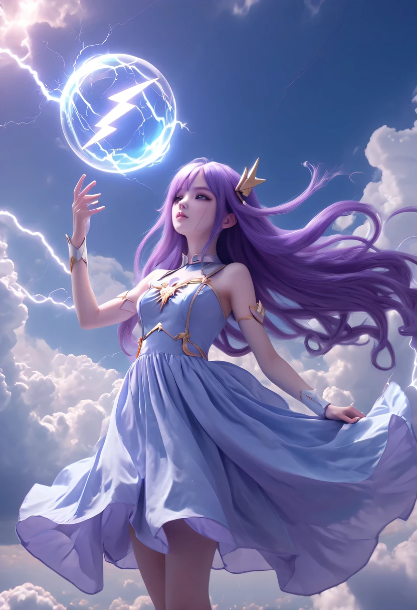(Very detailed, best quality), floating, Extremely exquisite and beautiful dream scenes,, , [(1 Magical Girl),(long purple hair), Detailed face, neck strap, Elegant Blue Dress, Standing in the clouds, (Wide-angle lens), (mysterious atmosphere):1.5],, , [(Lightning Wings),(Lightning magic),(energy sphere),(fairy tale), (Sunlight),(soft light),(pastel colors),(flash):0.8]