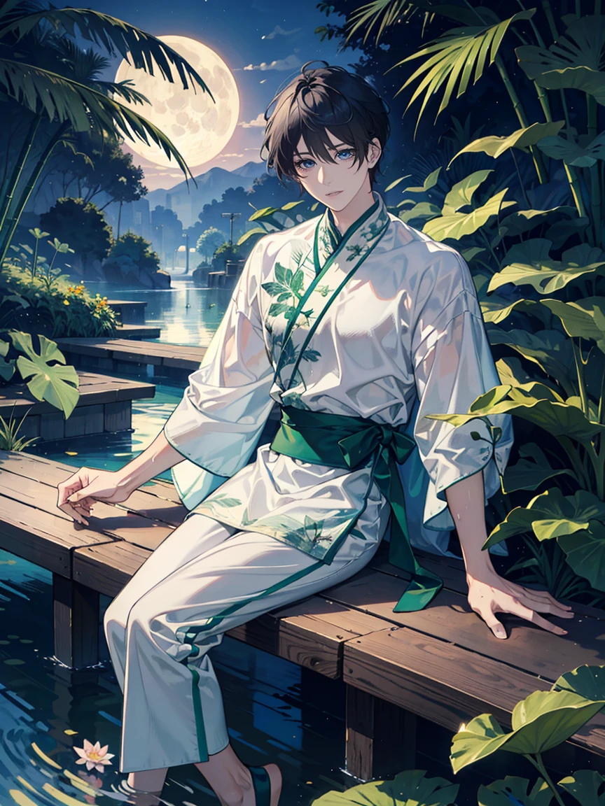 ((masterpiece,best quality)), 1 male, adult, handsome,full_moon, leaf, moon, plant, potted_plant, bamboo, 1guy, handsome man, palm_tree, water, tanabata, branch, barefoot, night, lily_pad, tanzaku, soaking_feet, vines, solo, outdoors, tree, very short black hair, wet, flower, smile, ivy, green_eyes, pants, lily_of_the_valley, sky, looking_at_viewer, palm_leaf, casual clothes, ((masterpiece,best quality)), beautiful detailed eyes, beautiful detailed face, white shirt, white pants