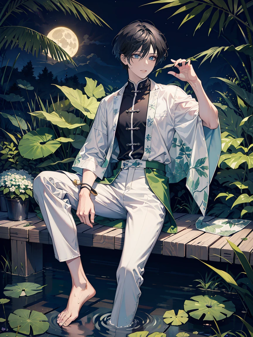 ((masterpiece,best quality)), 1 male, adult, handsome,full_moon, leaf, moon, plant, potted_plant, bamboo, 1guy, handsome man, palm_tree, water, tanabata, branch, barefoot, night, lily_pad, tanzaku, soaking_feet, vines, solo, outdoors, tree, very short black hair, wet, flower, smile, ivy, green_eyes, pants, lily_of_the_valley, sky, looking_at_viewer, palm_leaf, casual clothes, ((masterpiece,best quality)), beautiful detailed eyes, beautiful detailed face, white shirt, white pants