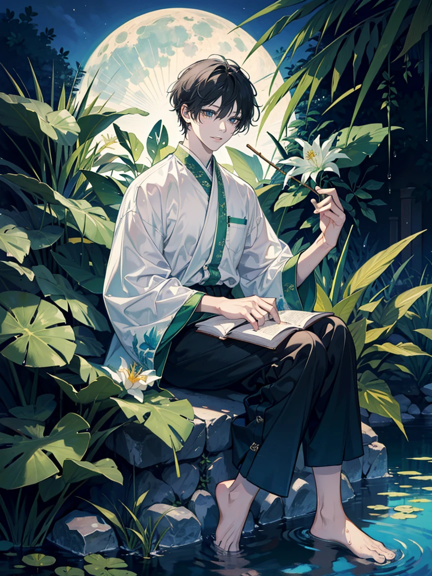 ((masterpiece,best quality)), 1 male, adult, handsome,full_moon, leaf, moon, plant, potted_plant, bamboo, 1guy, handsome man, palm_tree, water, tanabata, branch, barefoot, night, lily_pad, tanzaku, soaking_feet, vines, solo, outdoors, tree, very short black hair, wet, flower, smile, ivy, green_eyes, pants, lily_of_the_valley, sky, looking_at_viewer, palm_leaf, casual clothes, ((masterpiece,best quality)), beautiful detailed eyes, beautiful detailed face, white shirt, white pants