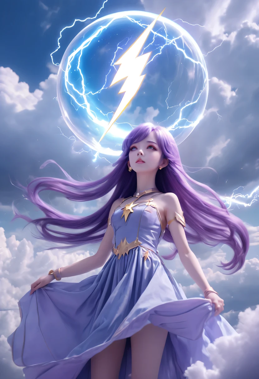 (Very detailed, best quality), floating, Extremely exquisite and beautiful dream scenes,, , [(1 Magical Girl),(long purple hair), Detailed face, neck strap, Elegant Blue Dress, Standing in the clouds, (Wide-angle lens), (mysterious atmosphere):1.5],, , [(Lightning Wings),(Lightning magic),(energy sphere),(fairy tale), (Sunlight),(soft light),(pastel colors),(flash):0.8]