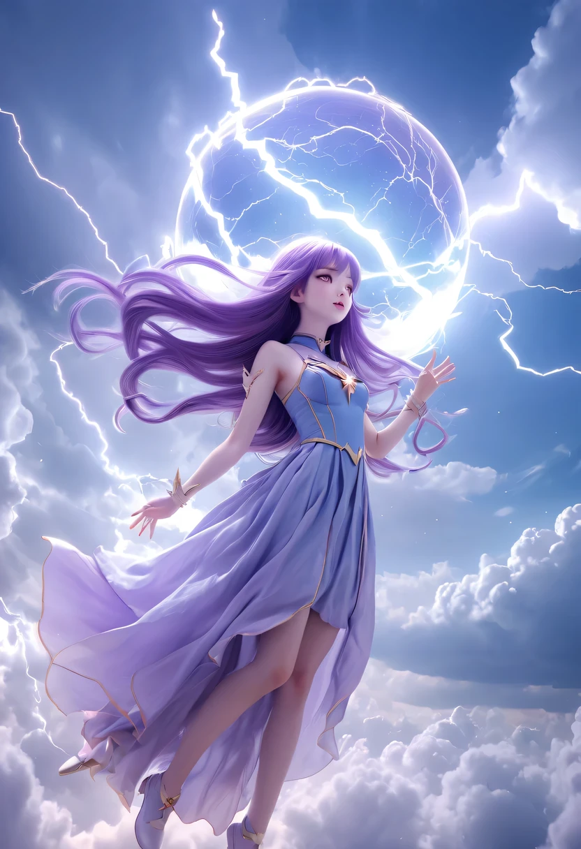 (Very detailed, best quality), floating, Extremely exquisite and beautiful dream scenes,, , [(1 Magical Girl),(long purple hair), Detailed face, neck strap, Elegant Blue Dress, Standing in the clouds, (Wide-angle lens), (mysterious atmosphere):1.5],, , [(Lightning Wings),(Lightning magic),(energy sphere),(fairy tale), (Sunlight),(soft light),(pastel colors),(flash):0.8]
