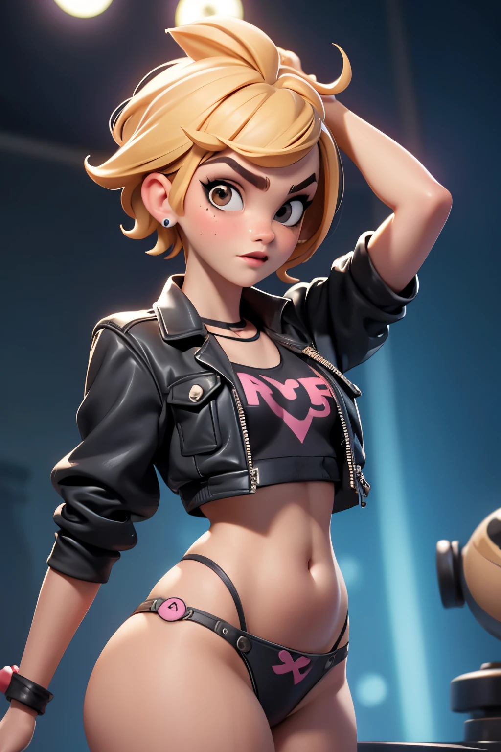 punk girl ((Emma Watson)), urban, voluptuous chubby belly, (((pixar))), dynamic pose, very tight micro string bikini, very short hair, thick eyebrows, very pale wet skin, coluptuous wide hips