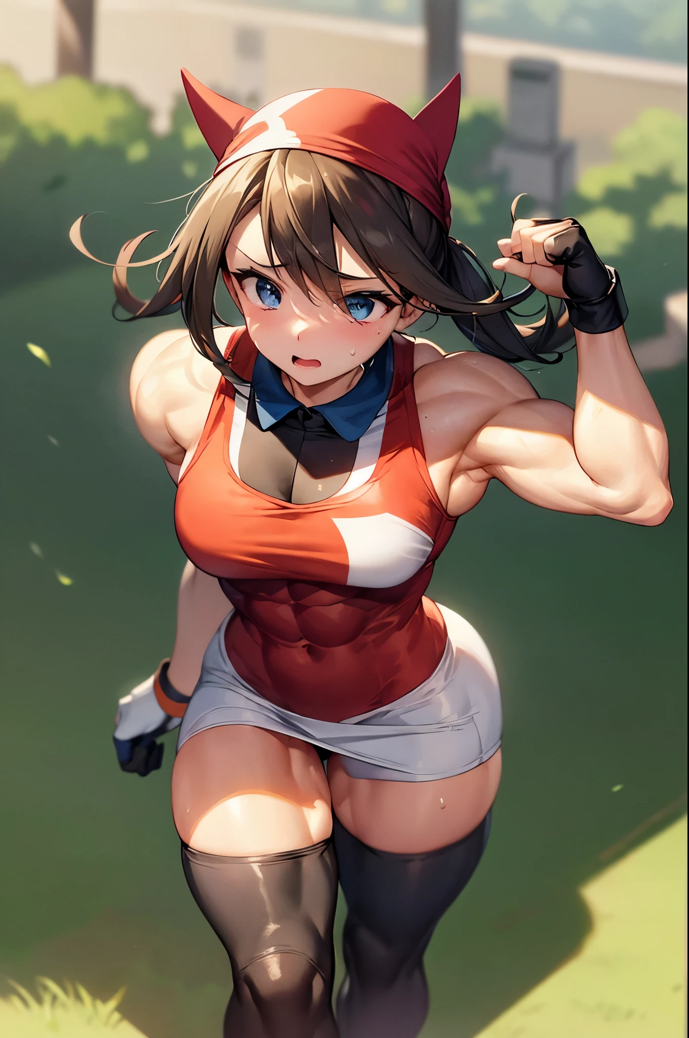 best quality,ultra-detailed,pokemonmay, blue eyes, brown hair, bandana, long hair, red bandana, twintails, hair between eyes, bike shorts, collared shirt, gloves, microskirt, multicolored shirt, pencil skirt, red shirt, shirt, short sleeves, skirt, white skirt,muscular,female,bodybuilder,strong,toned physique,ripped muscles,lean body,fitness enthusiast,empowered,confident,posing on the stage,determined expression,fierce competition,bulging biceps,sweat dripping,veins popping,athletic physique,intense workout sessions,defined abs,strong legs,bulky shoulders,disciplined lifestyle,dedicated training regimen,fitness inspiration,endurance,unstoppable force,barbell,weights,exercise equipment,stamina,perseverance,sculpted arms,powerful presence,fitness model,athleticism,competition preparation,high-intensity training,competition stage,striking physique,mental fortitude,motivation,hard work,persistence,inspiring,admired by others,girl in the park,playful children,green trees,blue sky,bustling atmosphere,warm sunlight,soft grass,birds chirping,merry-go-round,ice cream vendor,couples walking hand in hand,dogs playing fetch,families having picnics,fountain splashing water,kids flying kites,sounds of laughter,joyful energy,flower beds,bicycles,public benches,people reading books,sunshine filtering through leaves,lively ambiance,colorful balloons