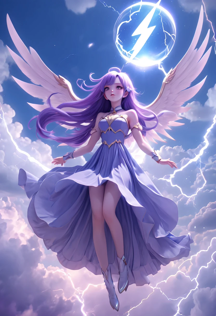 (Very detailed, best quality), floating, Extremely exquisite and beautiful dream scenes,, , [(1 Magical Girl),(long purple hair), Detailed face, neck strap, Elegant Blue Dress, Standing in the clouds, (Wide-angle lens), (mysterious atmosphere):1.5],, , [(Lightning Wings),(Lightning magic),(bouquet),(fairy tale), (Sunlight),(soft light),(pastel colors),(flash):0.8]