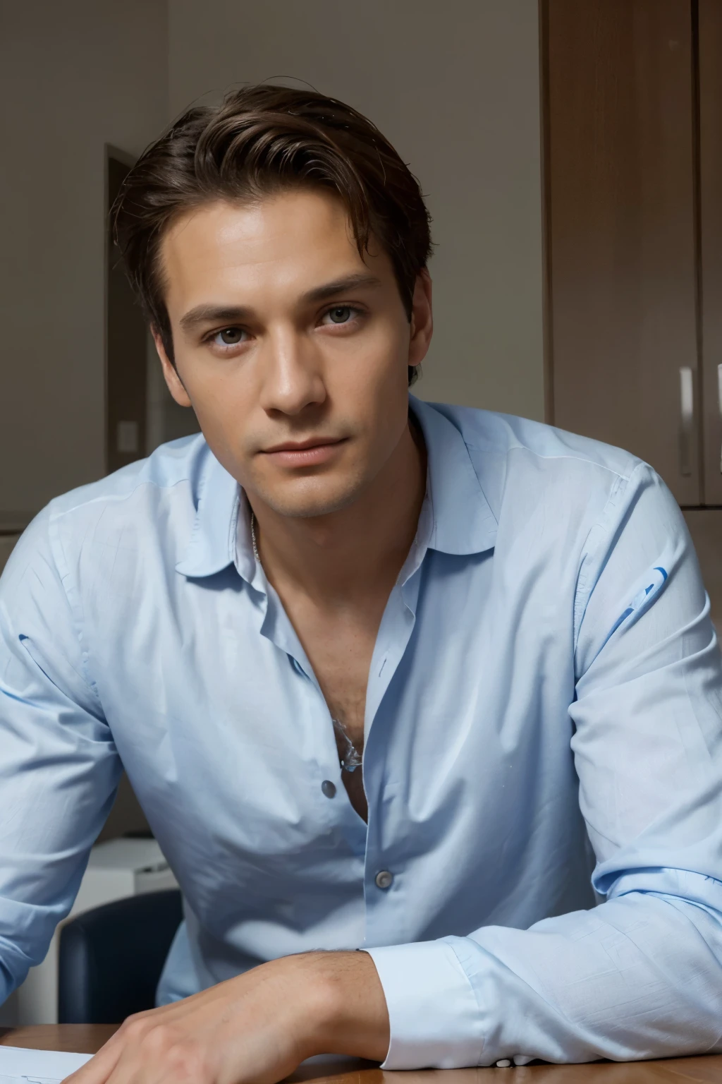 High quality, high definition, high resolution, 8k portrait, very detailed skin, 40 years old, boy, slender body, in hospital, refreshing type, beautiful face, blue contact lenses, wheat-colored skin, looking at camera, wear white suit with shirt, sitting behind the table, portrait