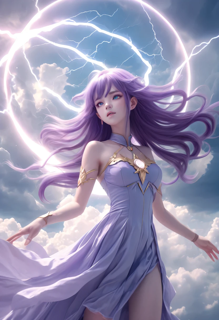 (Very detailed, best quality), floating, Extremely exquisite and beautiful dream scenes,, , [(1 Magical Girl),(long purple hair), Detailed face, neck strap, Elegant Blue Dress, Standing in the clouds, (Wide-angle lens), (mysterious atmosphere):1.5],, , [(Lightning Wings),(Lightning magic),(energy sphere),(fairy tale), (Sunlight),(soft light),(pastel colors),(flash):0.8]