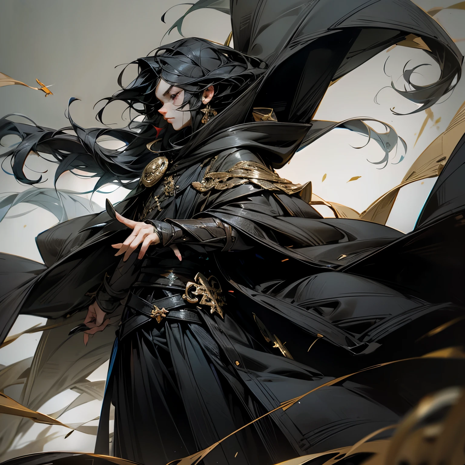 Gender unknown male black hair long hair black eye black cloak warrior