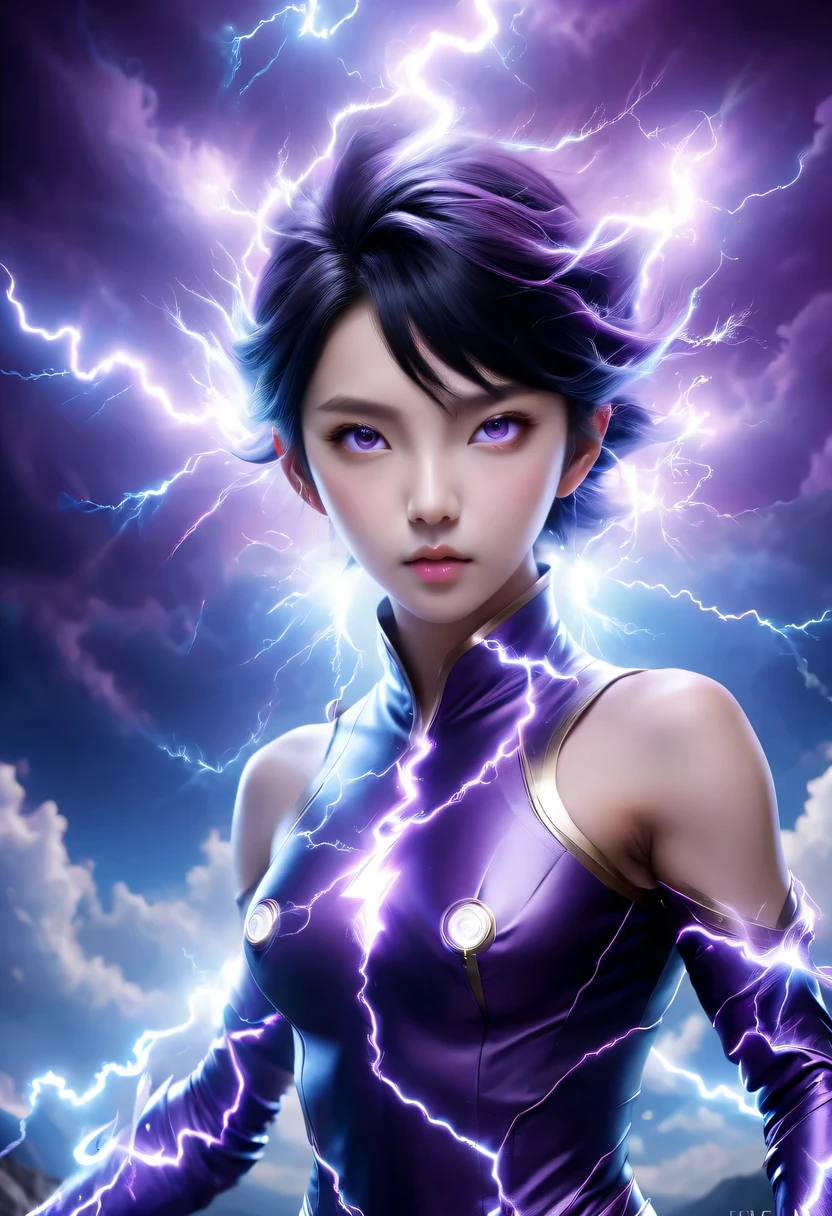 Magical girl,身穿连帽长袍和带有黑色细节的哥特式盔甲的Magical girl, There was a serious expression on his face, Straight black hair tied up, Black hair is an extraordinary beauty, Gorgeous, blue eye color, Purple sky and magnificent clouds, arms crossed,strike a majestic pose,Stand on high rocks, charm,Strange,Fear,flirtatious,Lightning Armor,(Wrapped purple magic lightning:1.5), epic magic power,Magic cloak radiates powerful light, Strong current, epic thunderstorm, The suspended energy ball is about to explode,Strong visual impact, Surrealism, crazy, whimsical, Octagon rendering, complicated, Magic Float DonM3l3m3nt4lXL,