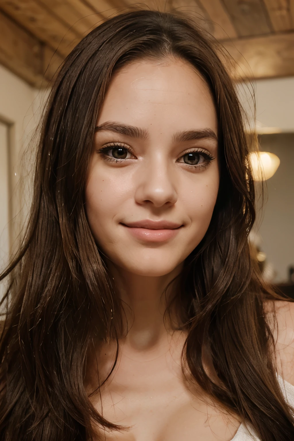 Woman, Straight or wavy hair, hazel eyes, Brachycephalic head structure, Straight nose, Lip structure that is not too thin or too thick, Forehead that is not narrow, Facial bones that are not protruding and angular, Eyes that are not too close, smiling