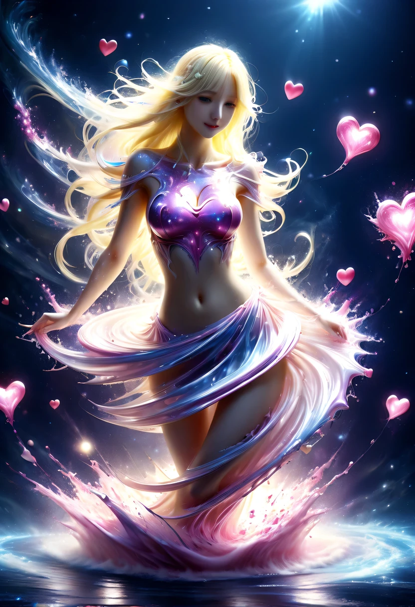 由五颜六色的星星制成的magic少女,magic,Starlight skirt,blond,water splash,hyper detailed masterpiece, Dynamic, good quality,pink love, Tempting, Tempting, enchanting, Heart PiaoDonM3l3m3nt4lXL,