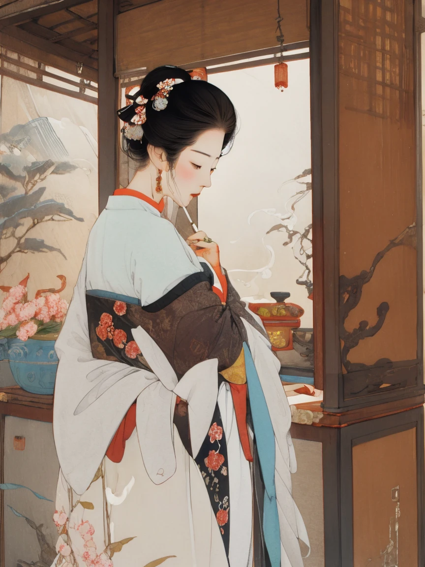 Traditional Chinese painting in ancient style ink style,Lotus flowers bloom,ssmile,Posture。