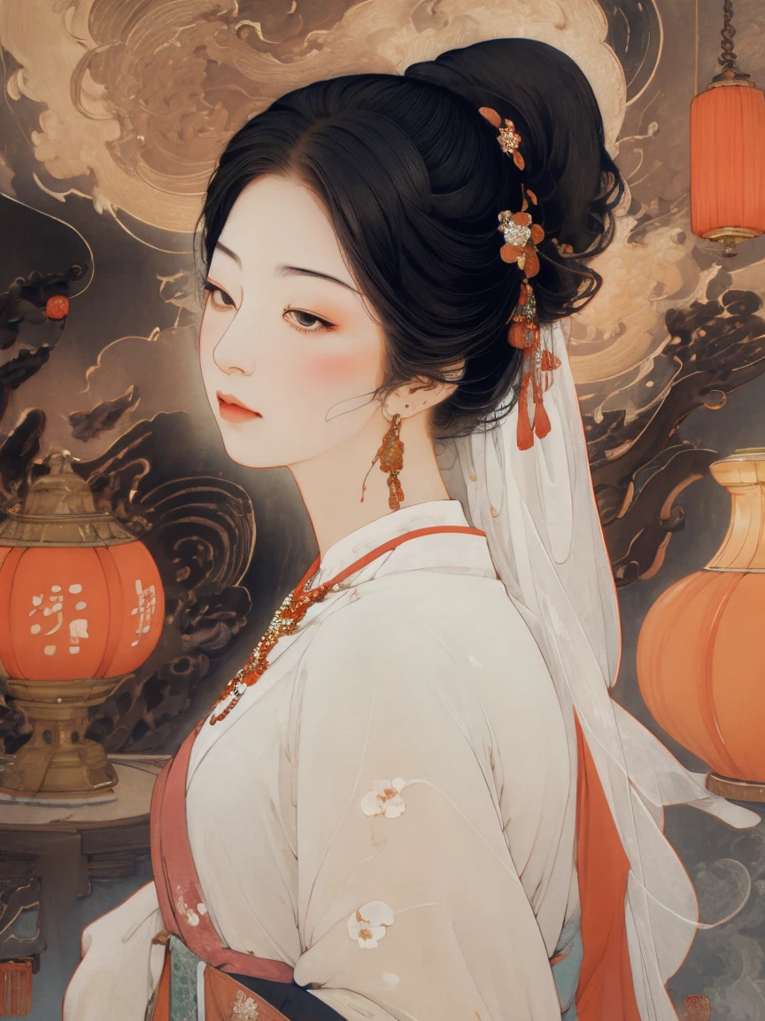 masterpiece, 1girl, nail_polish, jewelry, necklace, black_hair, closed_eyes, solo, dress,black_hair, ancient art, chinese, flowers, shin hanga style, woodblock print