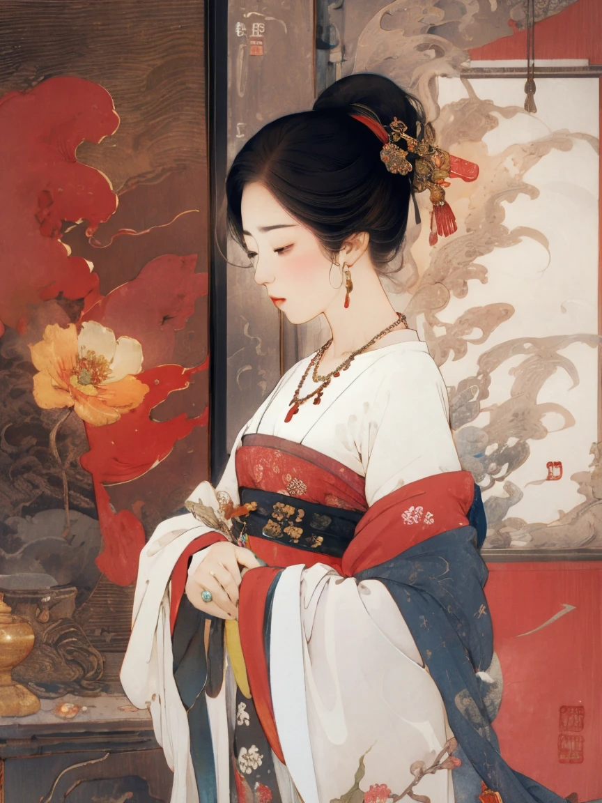 masterpiece, 1girl, nail_polish, jewelry, necklace, black_hair, closed_eyes, solo, dress,black_hair, ancient art, chinese, flowers, shin hanga style, woodblock print
