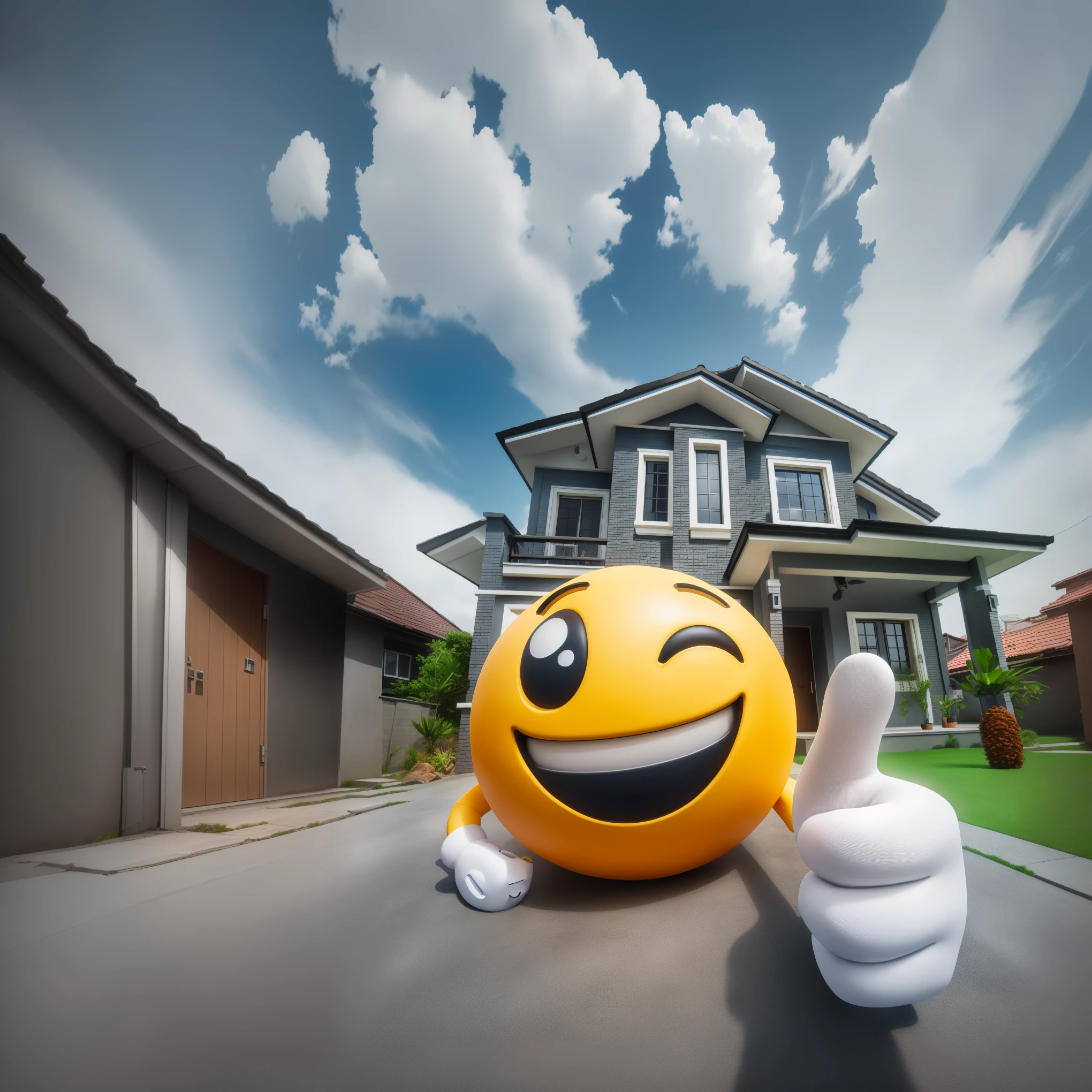 to the left of the emoji character is a small patch of lawn leading to the boundary wall in front of the neighbouring house.   The driveway is concrete and well maintained.         The top of the frame is filled with a beautiful cloudy sky