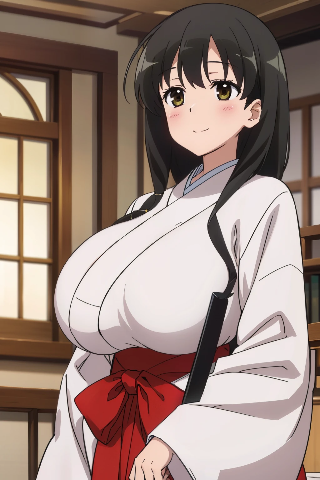 anime screencap, masterpiece, best quality, high resolution, 2D, anime cels, best quality, high resolution, 1girl, kasumi iwato, japanese clothes, japan architecture, (huge breasts:1.4), blush, embarrassed, smile, looking away, red hakama