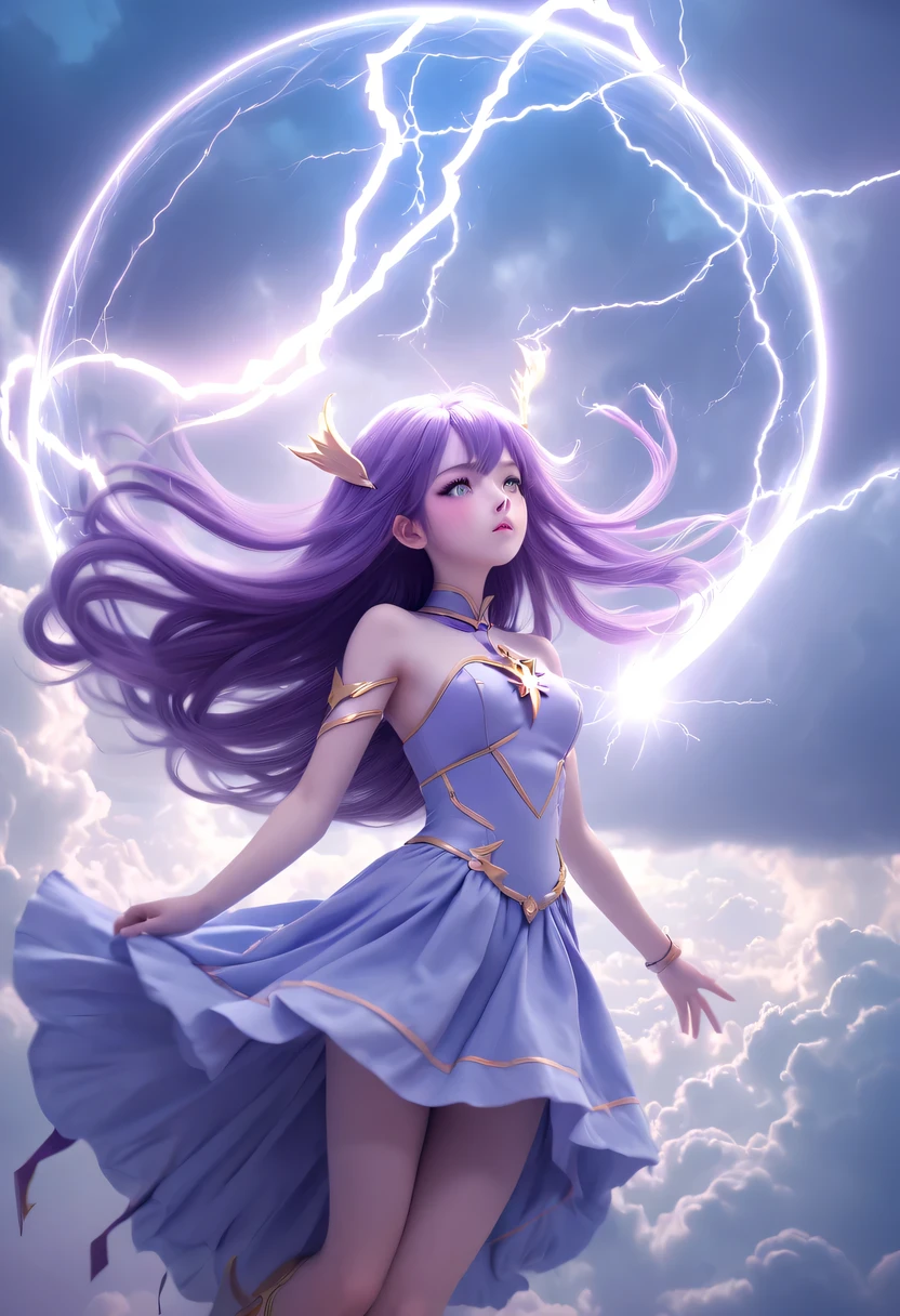 (Very detailed, best quality), floating, Extremely exquisite and beautiful dream scenes,, , [(1 Magical Girl),(long purple hair), Detailed face, neck strap, Elegant Blue Dress, Standing in the clouds, (Wide-angle lens), (mysterious atmosphere):1.5],, , [(Lightning Wings),(Lightning magic),(energy sphere),(fairy tale), (Sunlight),(soft light),(pastel colors),(flash):0.8]