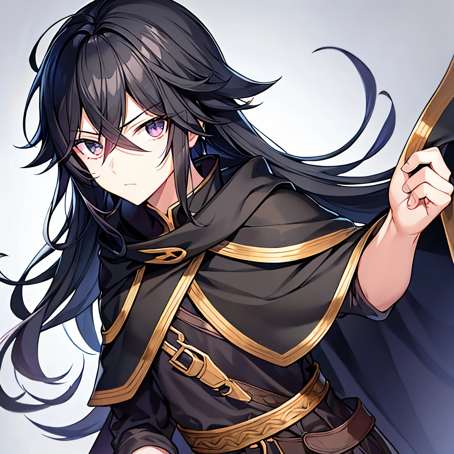 Gender unknown male black hair long hair black eye black cloak warrior