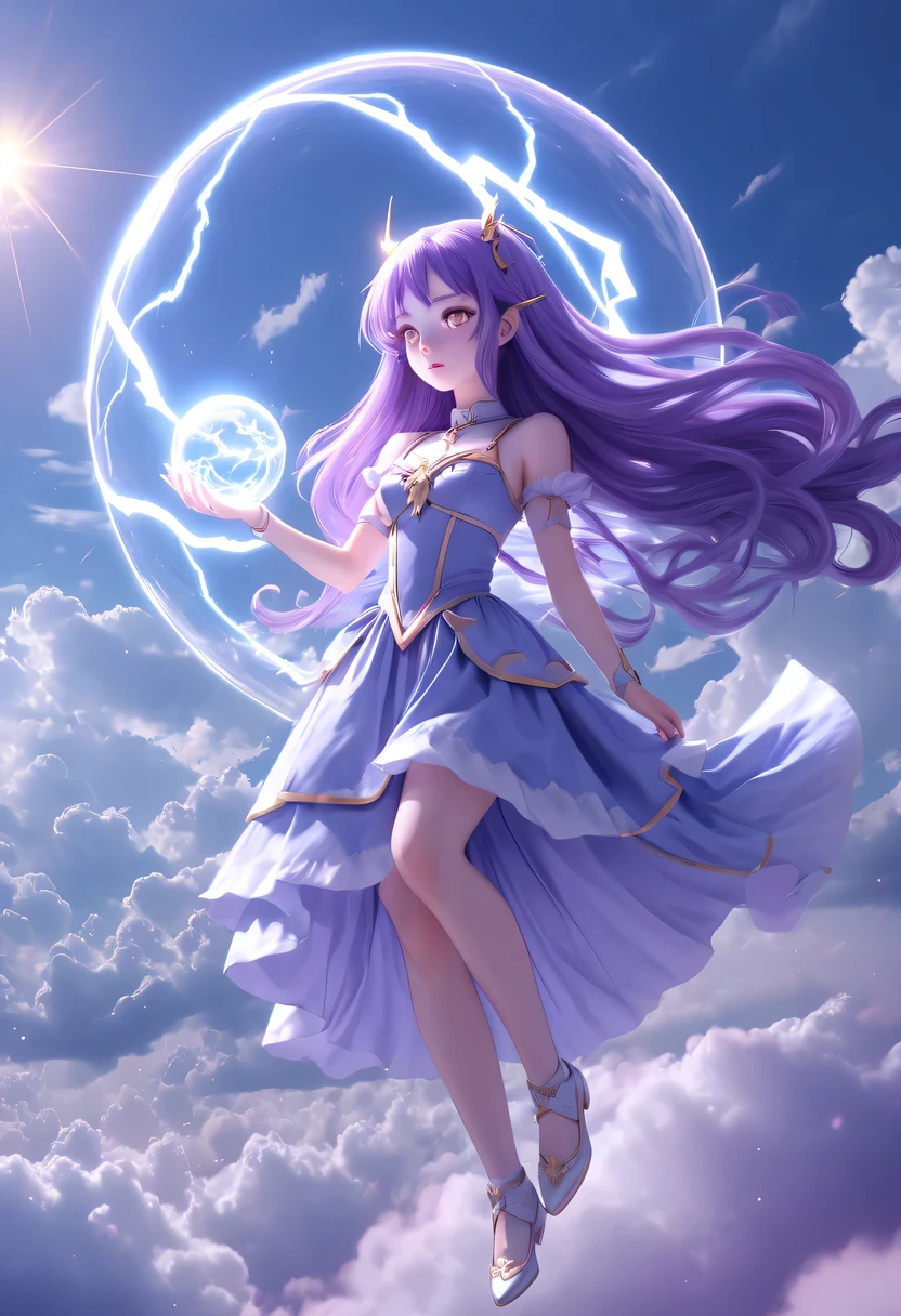 (Very detailed, best quality), floating, Extremely exquisite and beautiful dream scenes,, , [(1 Magical Girl),(long purple hair), Detailed face, neck strap, Elegant Blue Dress, Standing in the clouds, (Wide-angle lens), (mysterious atmosphere):1.5],, , [(Lightning Wings),(Lightning magic),(energy sphere),(fairy tale), (Sunlight),(soft light),(pastel colors),(flash):0.8]