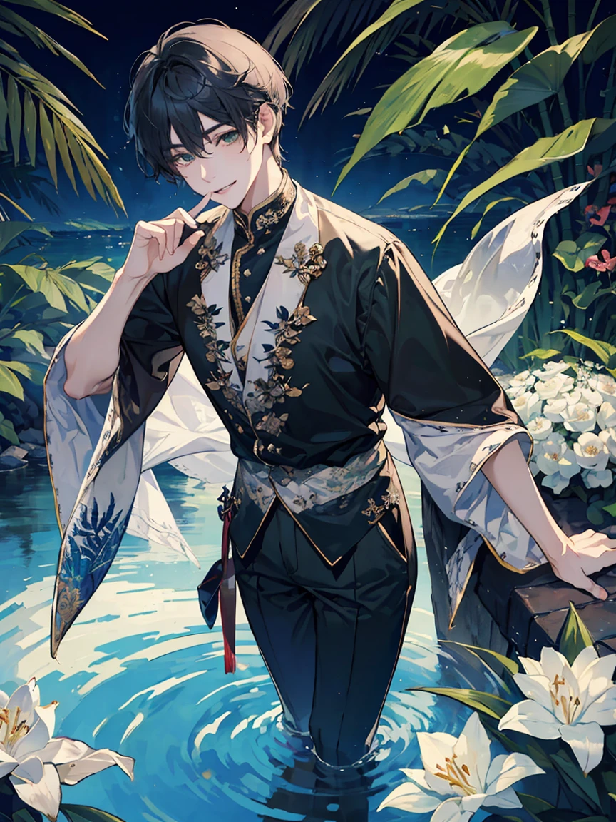 ((masterpiece,best quality)), 1 male, adult, handsome,full_moon, leaf, moon, plant, potted_plant, bamboo, 1guy, handsome man, palm_tree, water, tanabata, branch, barefoot, night, lily_pad, tanzaku, soaking_feet, vines, solo, outdoors, tree, very short black hair, wet, flower, smile, ivy, green_eyes, pants, lily_of_the_valley, sky, looking_at_viewer, palm_leaf, casual clothes, ((masterpiece,best quality)), beautiful detailed eyes, beautiful detailed face, white shirt, white pants