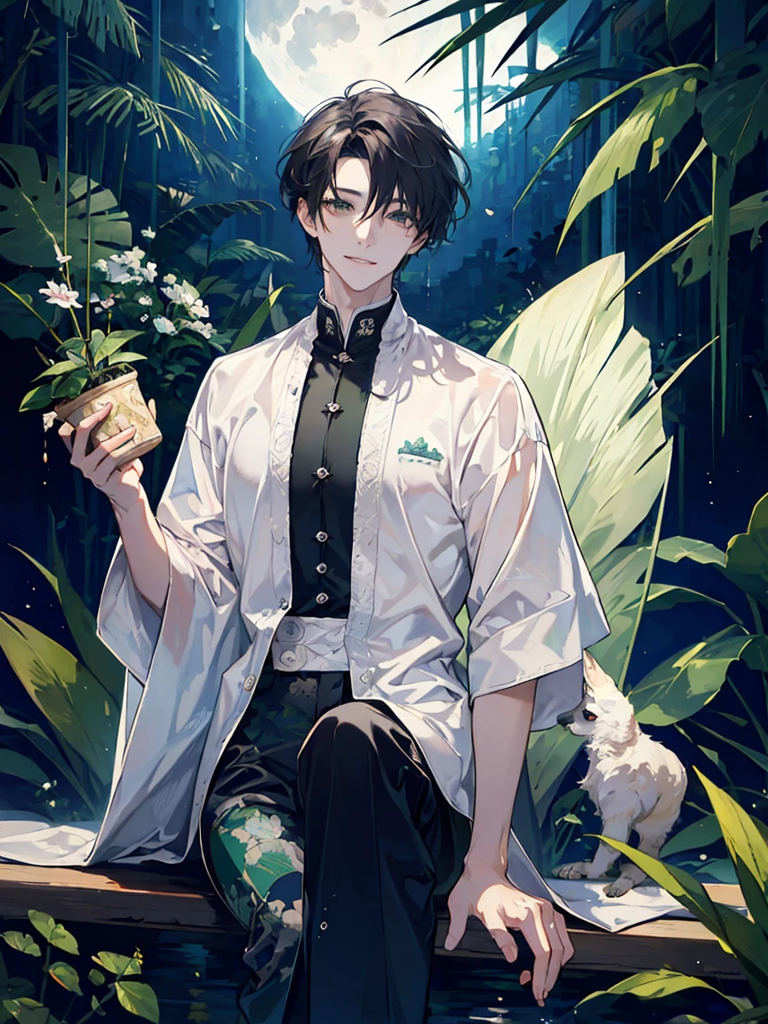 ((masterpiece,best quality)), 1 male, adult, handsome,full_moon, leaf, moon, plant, potted_plant, bamboo, 1guy, handsome man, palm_tree, water, tanabata, branch, barefoot, night, lily_pad, tanzaku, soaking_feet, vines, solo, outdoors, tree, very short black hair, wet, flower, smile, ivy, green_eyes, pants, lily_of_the_valley, sky, looking_at_viewer, palm_leaf, casual clothes, ((masterpiece,best quality)), beautiful detailed eyes, beautiful detailed face, white shirt, white pants

