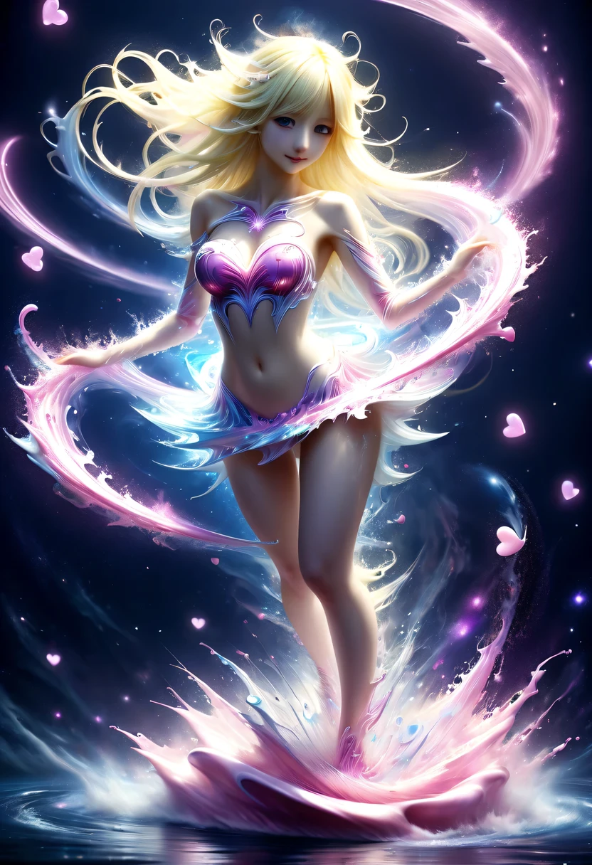由五颜六色的星星制成的magic少女，magic，Starlight skirt，blond，water splash，hyper detailed masterpiece, Dynamic, good quality,pink love, Tempting, Tempting, enchanting, Heart PiaoDonM3l3m3nt4lXL, 