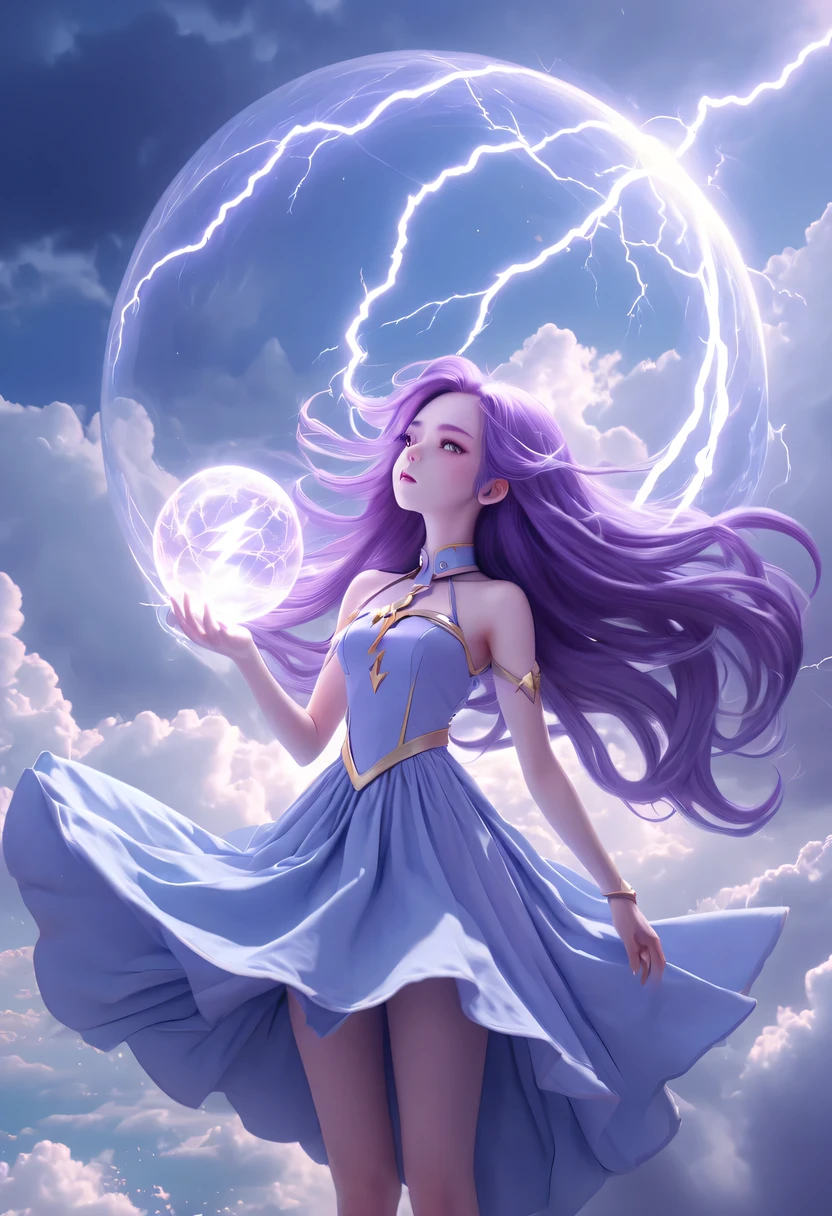 (Very detailed, best quality), floating, Extremely exquisite and beautiful dream scenes,, , [(1 Magical Girl),(long purple hair), Detailed face, neck strap, Elegant Blue Dress, Standing in the clouds, (Wide-angle lens), (mysterious atmosphere):1.5],, , [(Lightning Wings),(Lightning magic),(energy sphere),(fairy tale), (Sunlight),(soft light),(pastel colors),(flash):0.8]