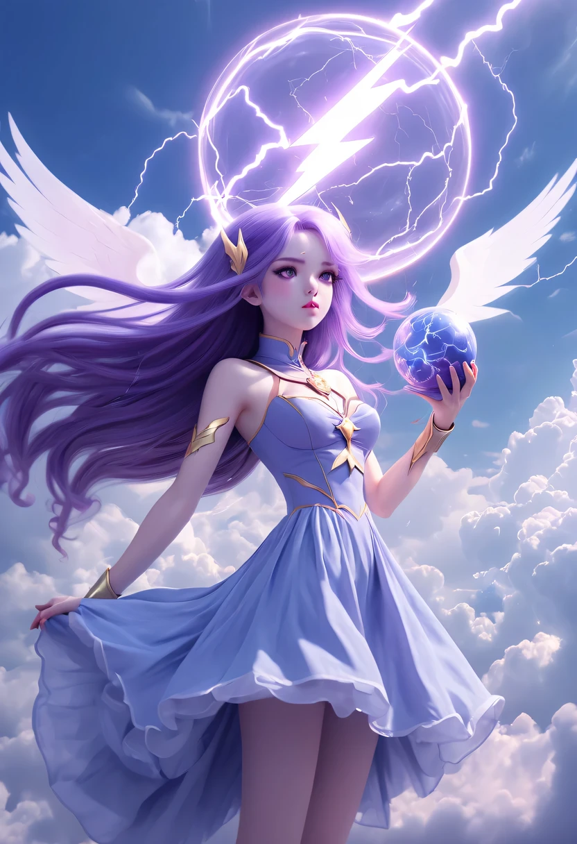 (Very detailed, best quality), floating, Extremely exquisite and beautiful dream scenes,, , [(1 Magical Girl),(long purple hair), Detailed face, neck strap, Elegant Blue Dress, Standing in the clouds, (Wide-angle lens), (mysterious atmosphere):1.5],, , [(Lightning Wings),(Lightning magic),(energy sphere),(fairy tale), (Sunlight),(soft light),(pastel colors),(flash):0.8]