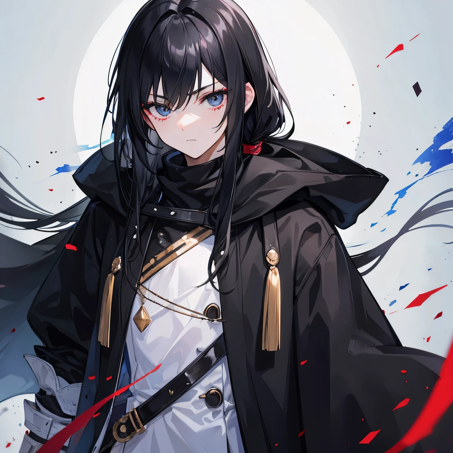 Gender unknown male black hair long hair black eye black cloak warrior