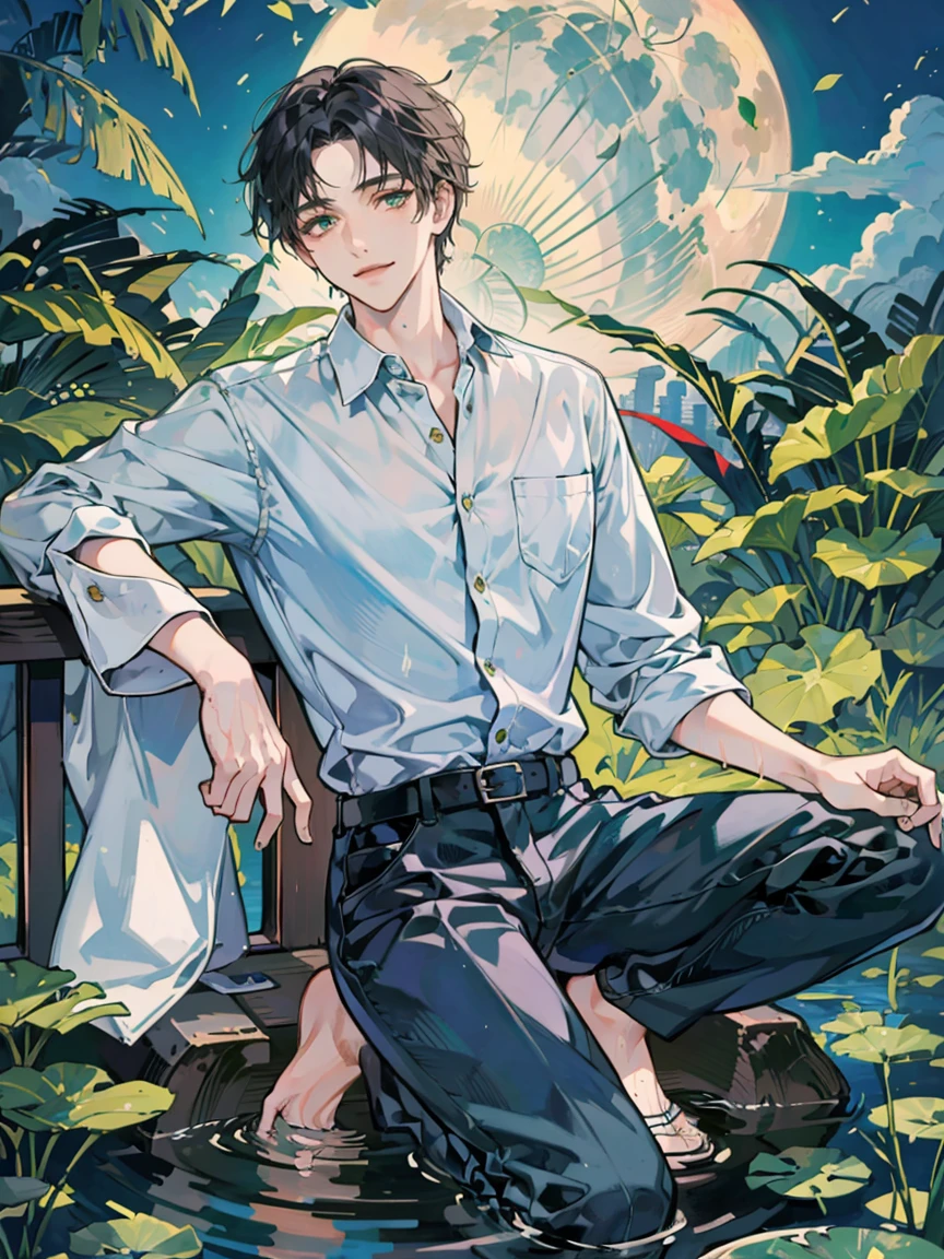 ((masterpiece,best quality)), 1 male, adult, handsome,full_moon, leaf, moon, plant, potted_plant, bamboo, 1guy, handsome man, palm_tree, water, tanabata, branch, barefoot, night, lily_pad, tanzaku, soaking_feet, vines, solo, outdoors, tree, very short black hair, wet, flower, smile, ivy, green_eyes, pants, lily_of_the_valley, sky, looking_at_viewer, palm_leaf, casual clothes, ((masterpiece,best quality)), beautiful detailed eyes, beautiful detailed face, white shirt, white pants

