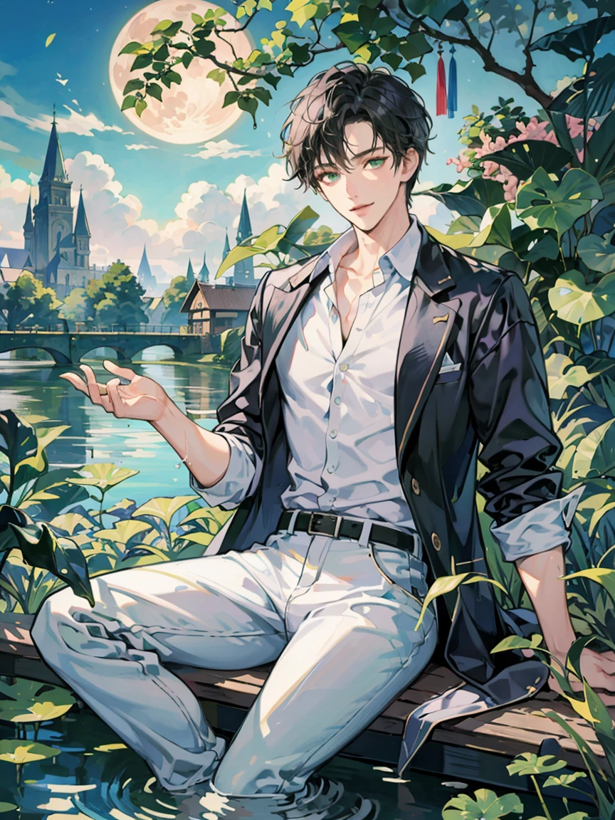 ((masterpiece,best quality)), 1 male, adult, handsome,full_moon, leaf, moon, plant, potted_plant, bamboo, 1guy, handsome man, palm_tree, water, tanabata, branch, barefoot, night, lily_pad, tanzaku, soaking_feet, vines, solo, outdoors, tree, very short black hair, wet, flower, smile, ivy, green_eyes, pants, lily_of_the_valley, sky, looking_at_viewer, palm_leaf, casual clothes, ((masterpiece,best quality)), beautiful detailed eyes, beautiful detailed face, white shirt, white pants

