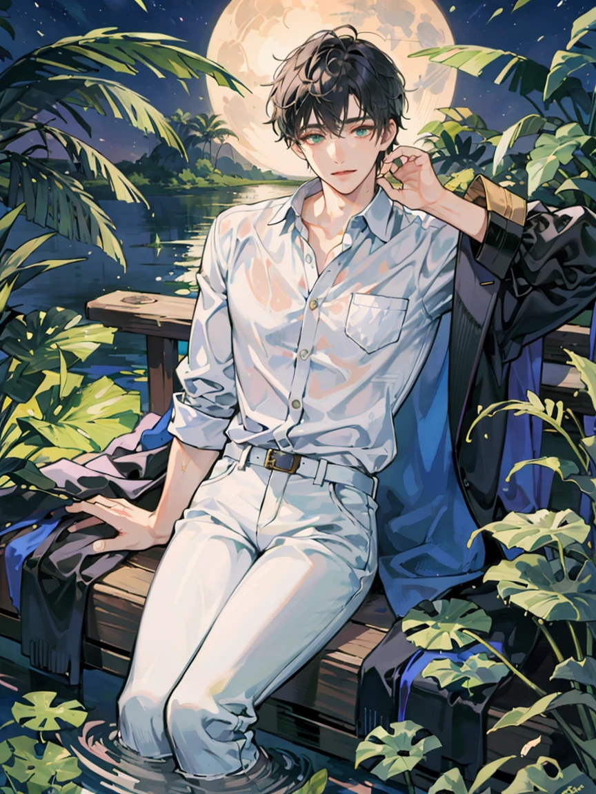 ((masterpiece,best quality)), 1 male, adult, handsome,full_moon, leaf, moon, plant, potted_plant, bamboo, 1guy, handsome man, palm_tree, water, tanabata, branch, barefoot, night, lily_pad, tanzaku, soaking_feet, vines, solo, outdoors, tree, very short black hair, wet, flower, smile, ivy, green_eyes, pants, lily_of_the_valley, sky, looking_at_viewer, palm_leaf, casual clothes, ((masterpiece,best quality)), beautiful detailed eyes, beautiful detailed face, white shirt, white pants

