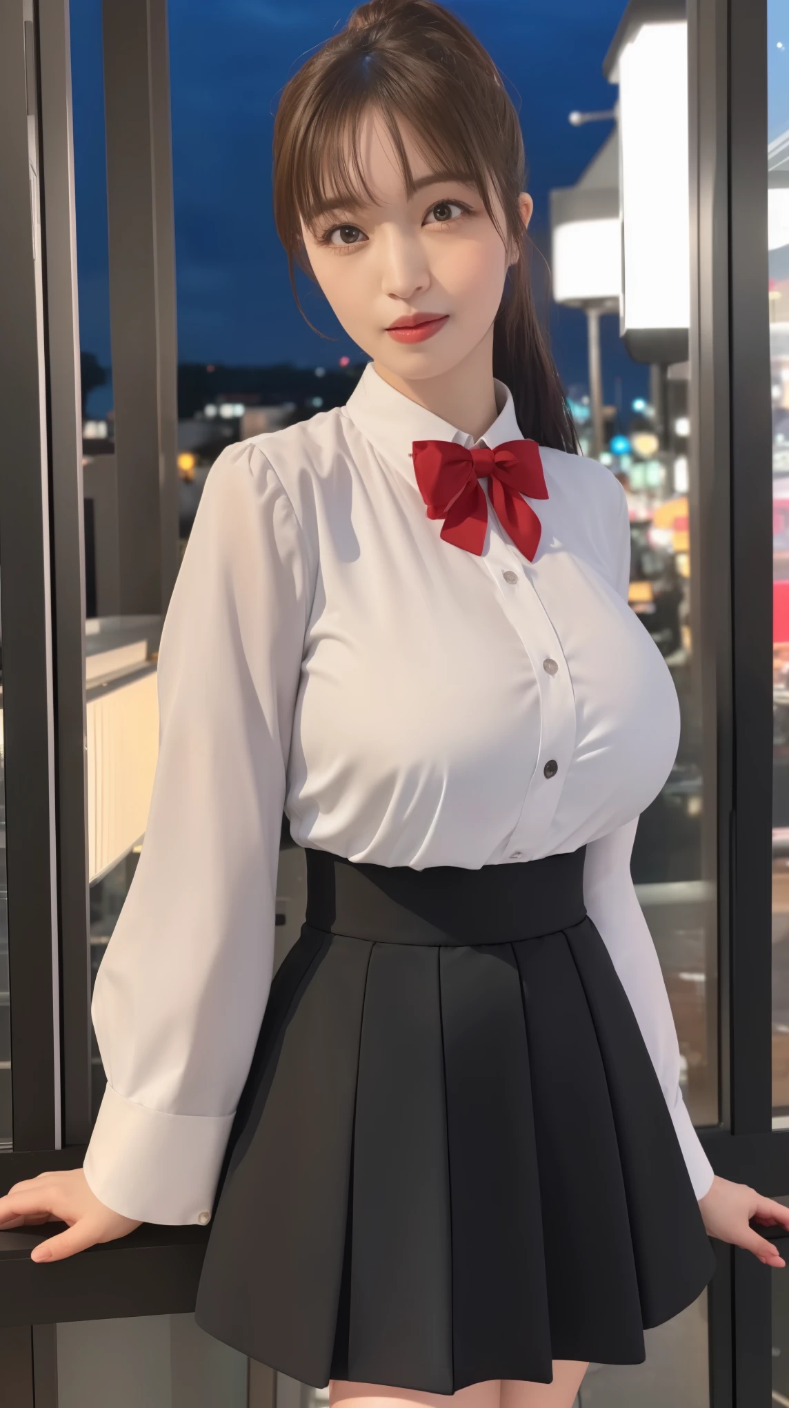 mix4, (16 K, Raw photography, Top image quality, masterpiece: 1.45), (realisitic, Photorealsitic: 1.37), one girls, Random hairstyle、Standing figure,Glossy bean peel、Night time zone、Whitening and shiny skin、a very cute,a park,Tree, profetional lighting, photon maping、physically-based renderingt, Gradient dark brown hair,, a handsome, Well-groomed and beautiful eyes、Large double eyelids、Very shiny、girl with, (((校服、Winter clothes、Uniforms worn by Japan female students、White shirt、White cardigan with buttons that do not stop、Dark blue color、Black mini skirt、high socks、lowfers))), Top Quality Photos, hight resolution, 1080p, (clearface), (Detailed face description), (Detailed hand description), (masterpiece), (Exquisite CG)、extreme light and shadows、dishevled hair、master work、abundant detail、(Fine facial features)、(top quality photo)、(masuter piece)、(A detailed eye)、Looking at the camera、Fine clavicle、((Slender big))、(((Japan schoolgirl in uniform)))、((Ready Idol System))、((a park))、(((neat and cute)))、耳Nipple Ring、A big smile、Drawing the whole body from the knees、Do not draw nasolabial folds、(((Cute uniform)))、(Big breasts that hang down big:1.4)、Big buttocks with tension、Two arms and two legs、(((from the front side:0.4)))、bare hand、No mask、Ginkgo in autumn leaves