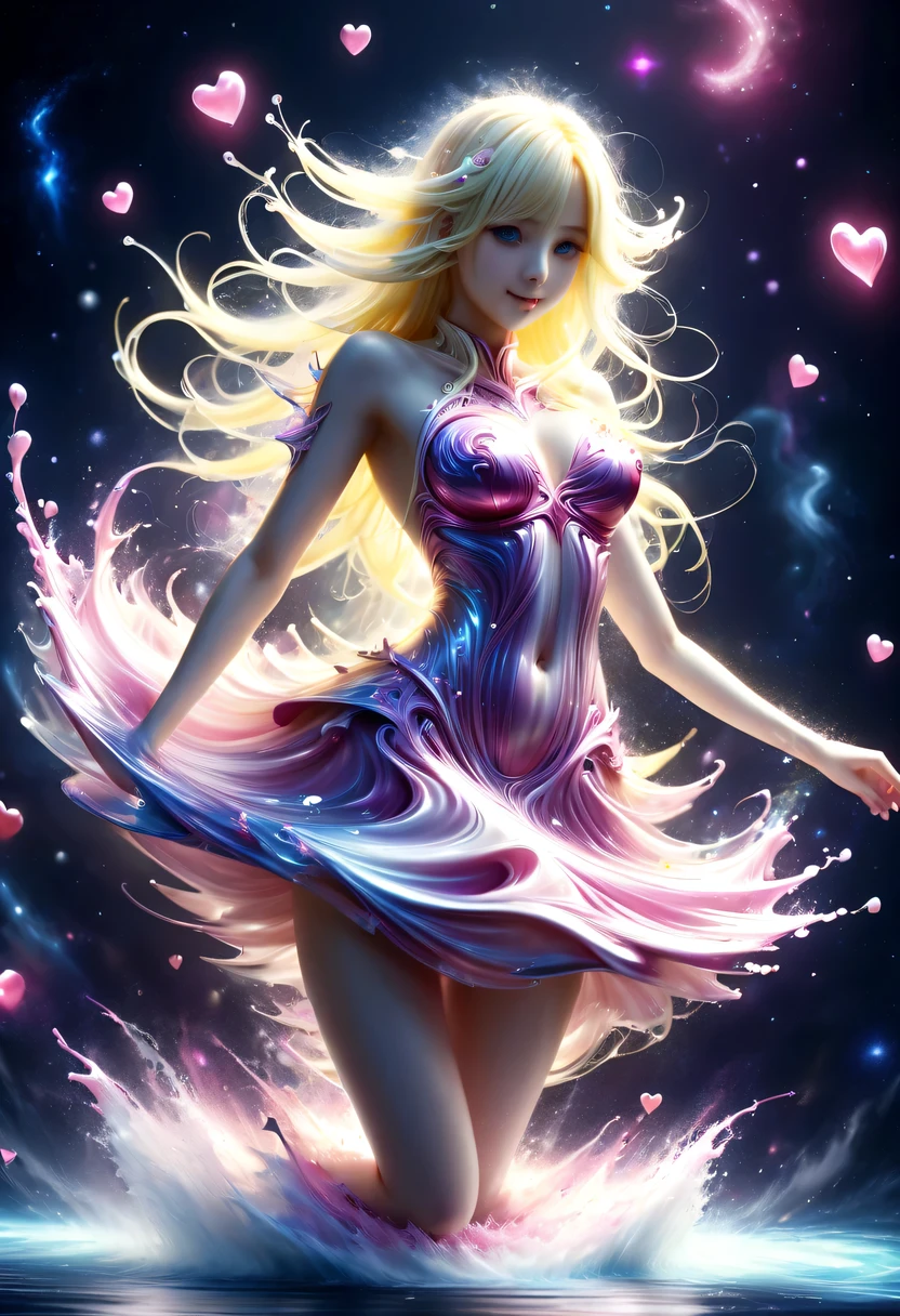 由五颜六色的星星制成的magic少女,magic,Starlight skirt,blond,water splash,hyper detailed masterpiece, Dynamic, good quality,pink love, Tempting, Tempting, enchanting, Heart PiaoDonM3l3m3nt4lXL,