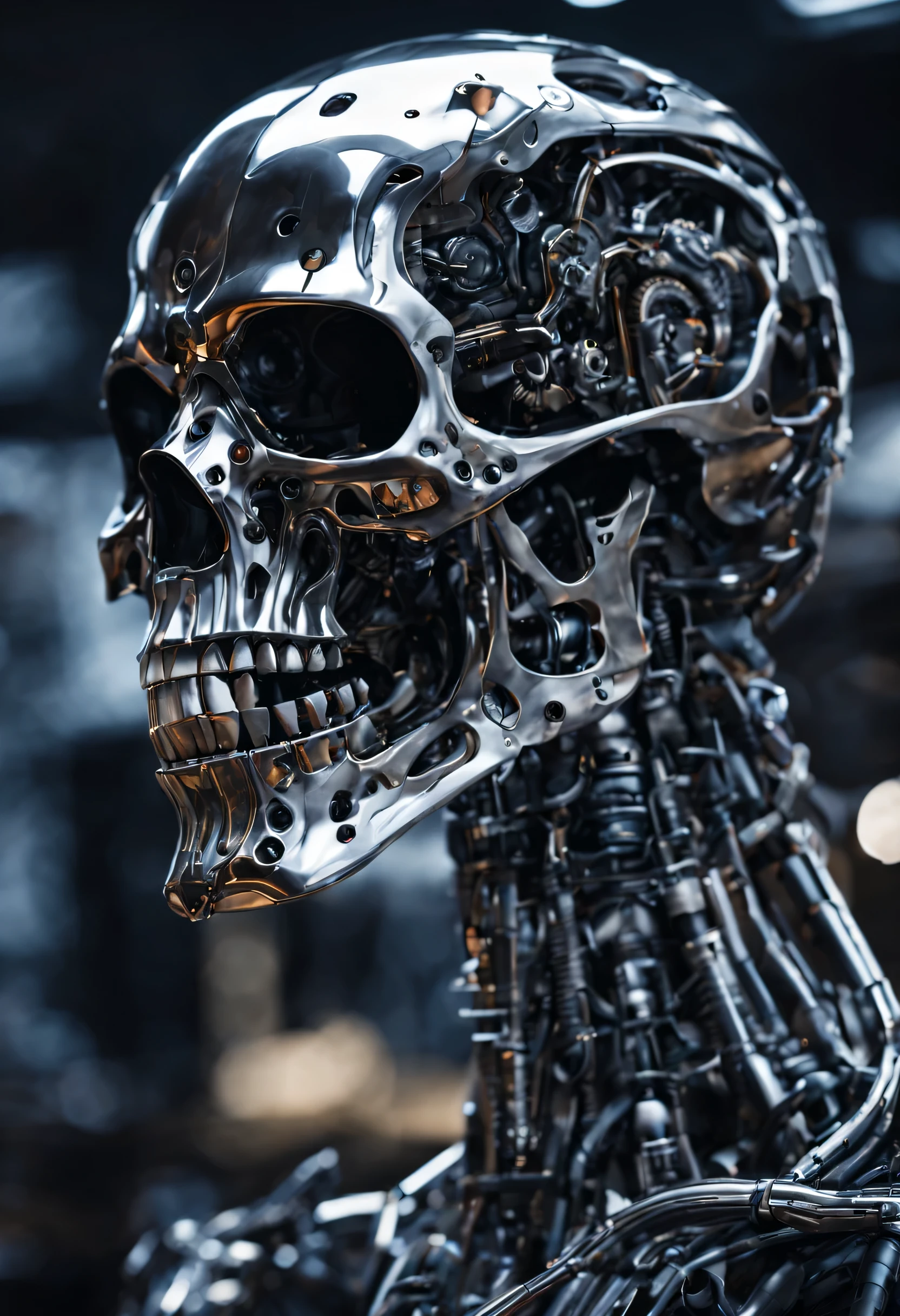 Terminator skull, meticulously detailing its structure and composition. The skull should be in the form of a human skull but made entirely of stainless steel, with intricate metalwork that captures the essence of its robotic nature. The image should prominently feature the Terminator skull within the frame, with its metal surface exhibiting reflections that add depth and realism to the depiction. The stainless steel body of the Terminator should be depicted with precision, showcasing the seamless integration of mechanical components and robust construction characteristic of its design.

Lens Description:

The photograph should be taken with a lens that emphasizes the reflective properties of stainless steel, capturing the intricate details of the Terminator skull's metal surface. The lens should enhance the clarity and sharpness of the image, allowing for a hyperrealistic depiction of the robotic subject