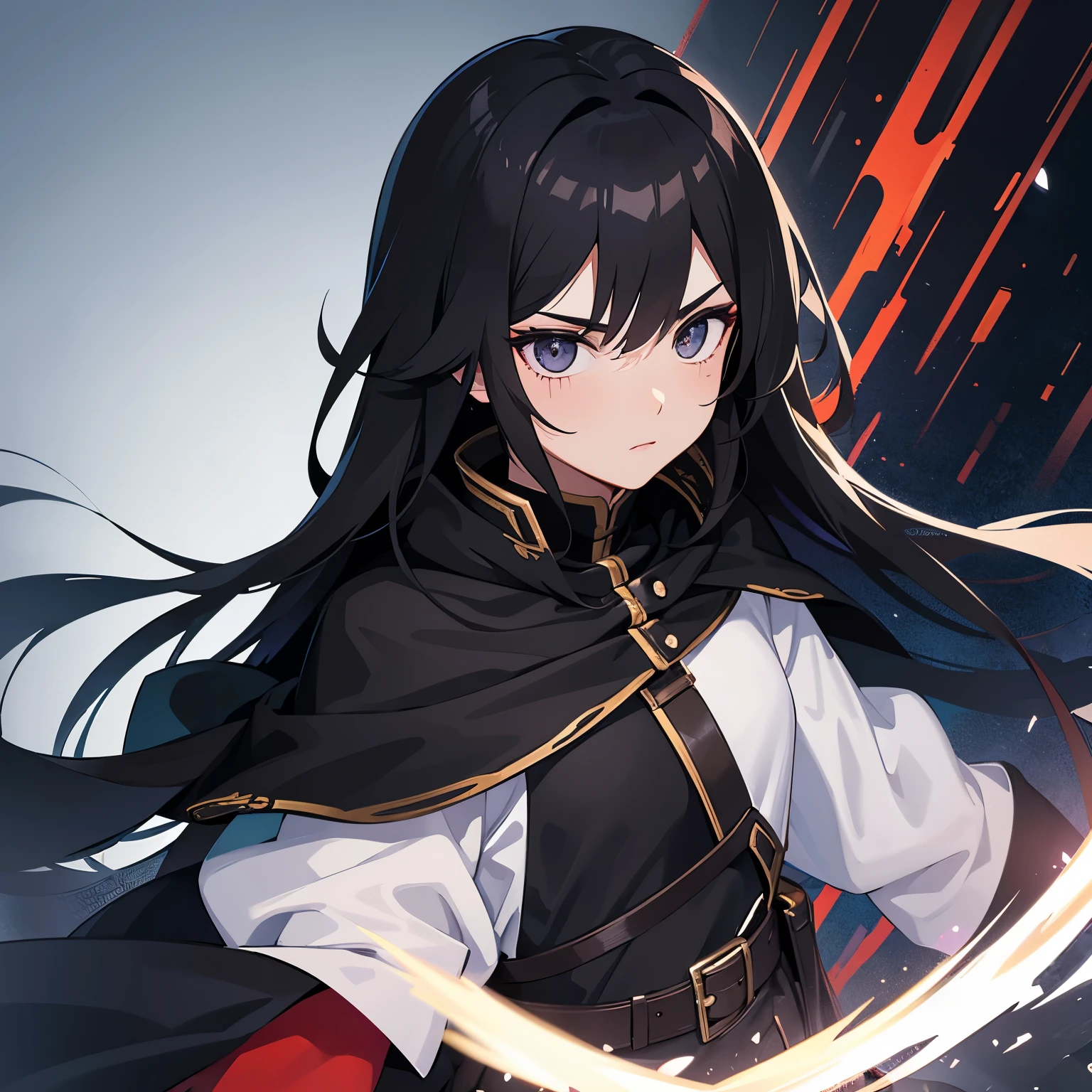 Gender unknown male black hair long hair black eye black cloak warrior