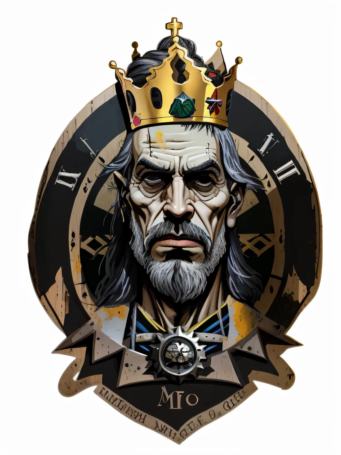 there is a clock with a crown and a banner, homem com coroa, em uma coroa, professional unique master piece, High detail iconic character, Velho Rei Medieval, Estilo de arte heavy metal, Rei dos Reis, como uma coroa, extremely high quality artwork, arte oficial altamente detalhada, Rei do Mar, rei do tempo ceifador, charuto na boca