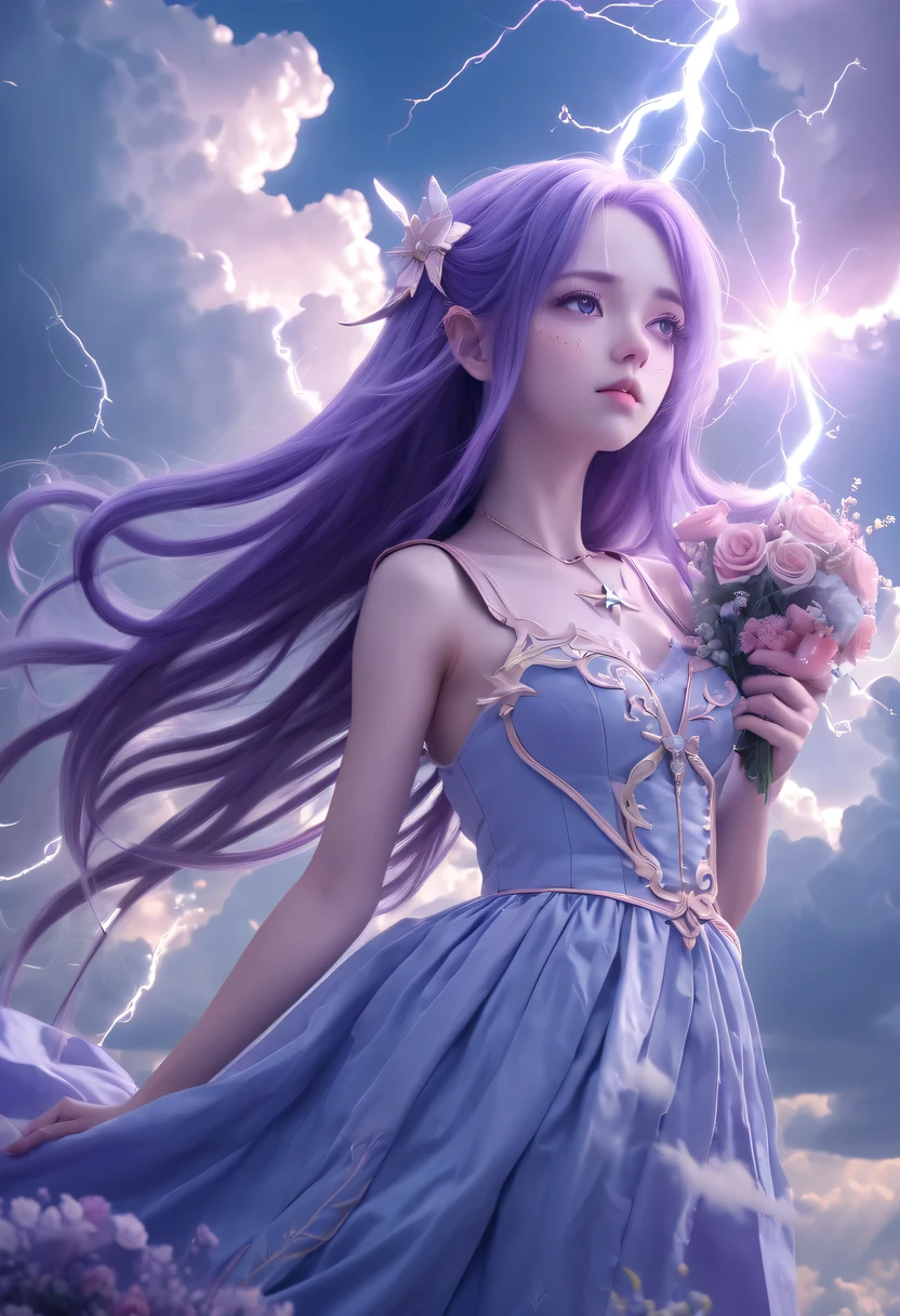 (Very detailed, best quality), floating, Extremely exquisite and beautiful dream scenes,, , [(1 Magical Girl),(long purple hair), Detailed face, neck strap, Elegant Blue Dress, Standing in the clouds, (Wide-angle lens), (mysterious atmosphere):1.5],, , [(Lightning Wings),(Lightning magic),(bouquet),(fairy tale), (Sunlight),(soft light),(pastel colors),(flash):0.8]