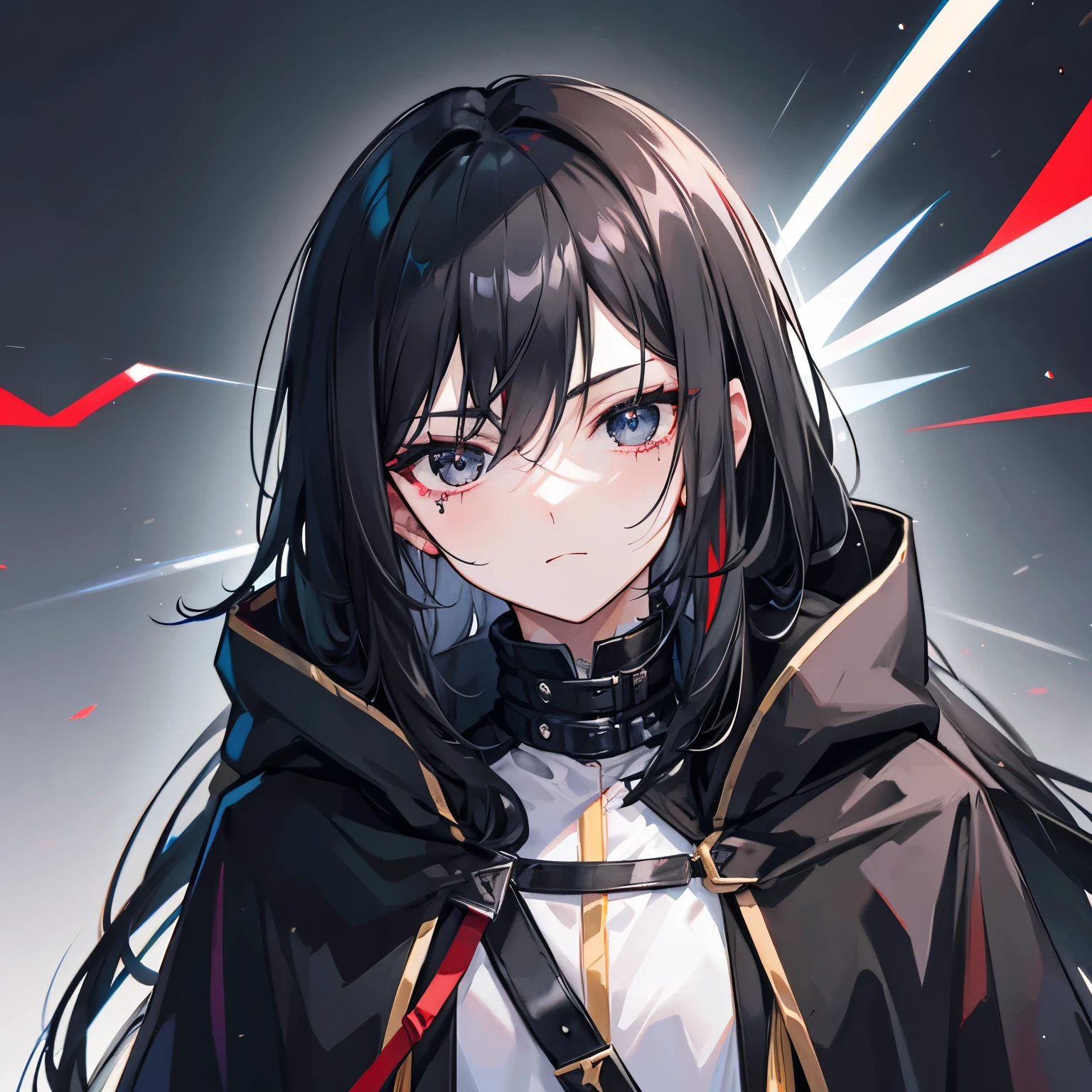 Gender unknown male black hair long hair black eye black cloak warrior