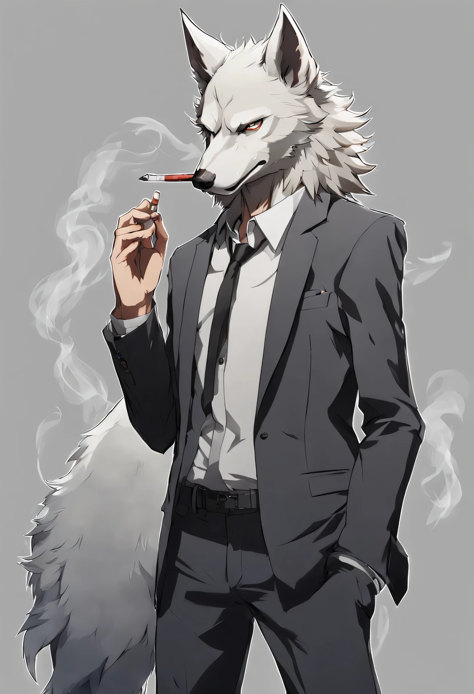 Anime-Full body,Standing position,half wolf and half human,male,wearing a suit,holding a cigarette in his mouth