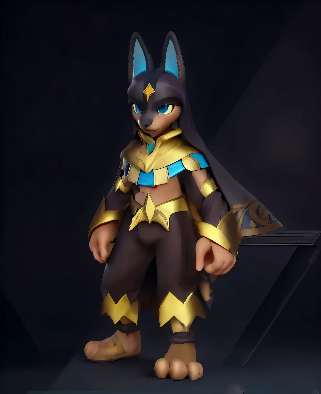 (high resolution), ((intricate details)), (Masterpiece), (((HD))), HDR, a close up of a 3D character in a costume, muscular Anubis , portrait of Anubis , CHACAL BLUE EYES, ((dark satin cape)) , black and gold shiny armor, round blue gem at chest plate, varguyart style, faired skin, brown skin, shiny egyptian armor, metallic bronze skin, tane skin, anubis, ((COTON PANTS with golden details)), focused, defined