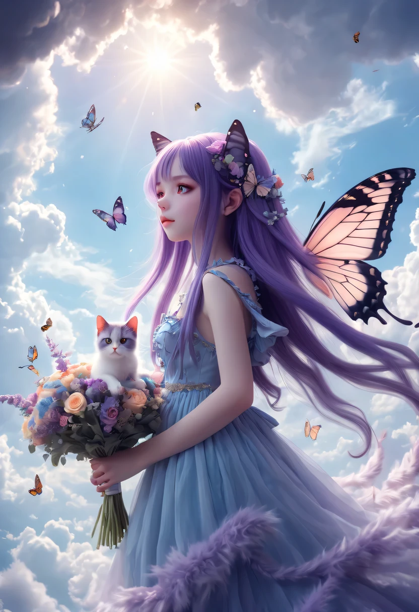 (Very detailed, best quality), floating, Extremely exquisite and beautiful dream scenes,, , [(1 girl),(long purple hair), Detailed face, neck strap, Elegant Blue Dress, Standing in the clouds, (Wide-angle lens), (mysterious atmosphere):1.5],, , [(butterfly wings),(Furry cat),(bouquet),(fairy tale), (Sunlight),(soft light),(pastel colors),(flash):0.8]