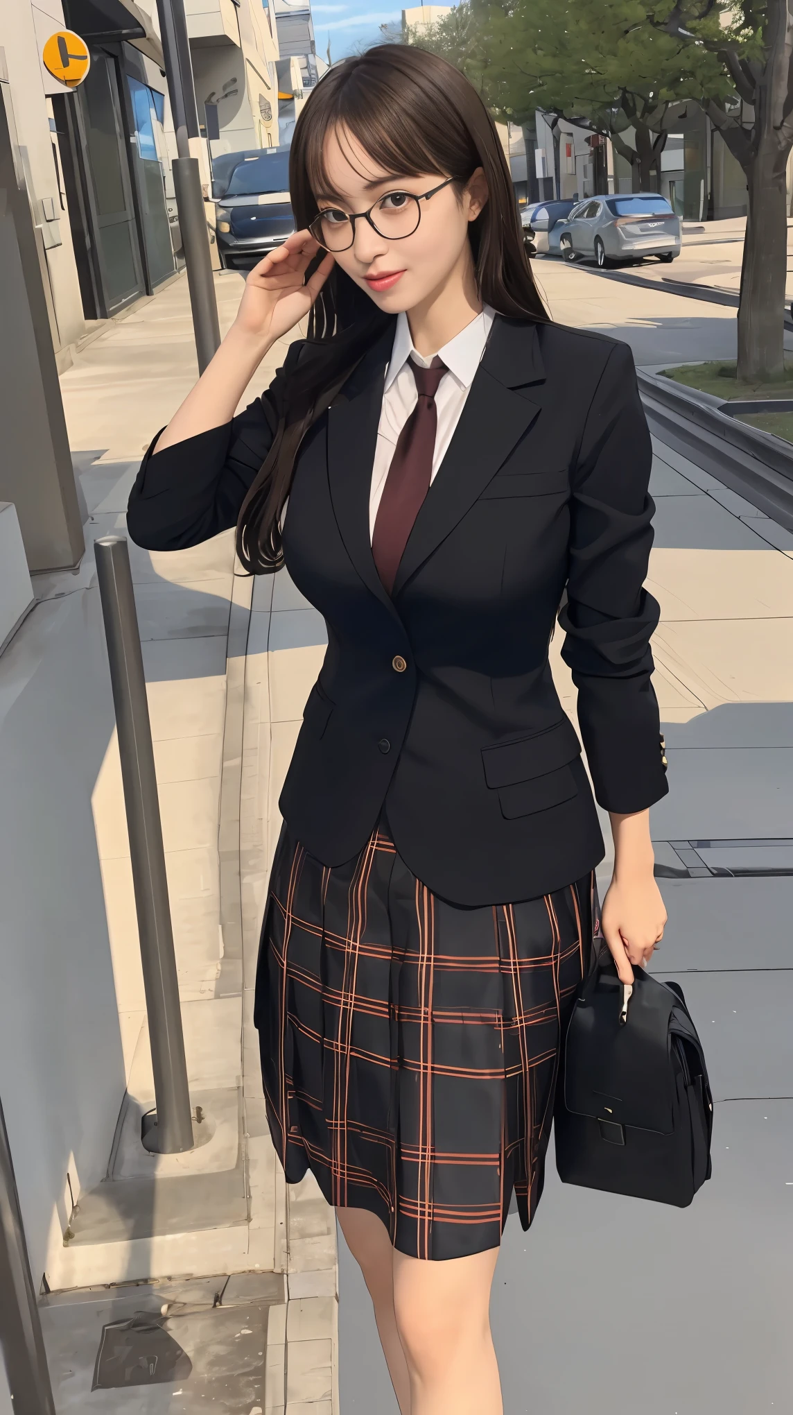 masterpiece, best quality, ultra-detailed, illustration,, (paisura:1.4), 1girl, glasses, big breasts, necktie, sexy skirt, bag, sexy school uniform, black hair, outdoors, road, between breasts, street, school bag, ground vehicle, danchi, japan,,  slender body 