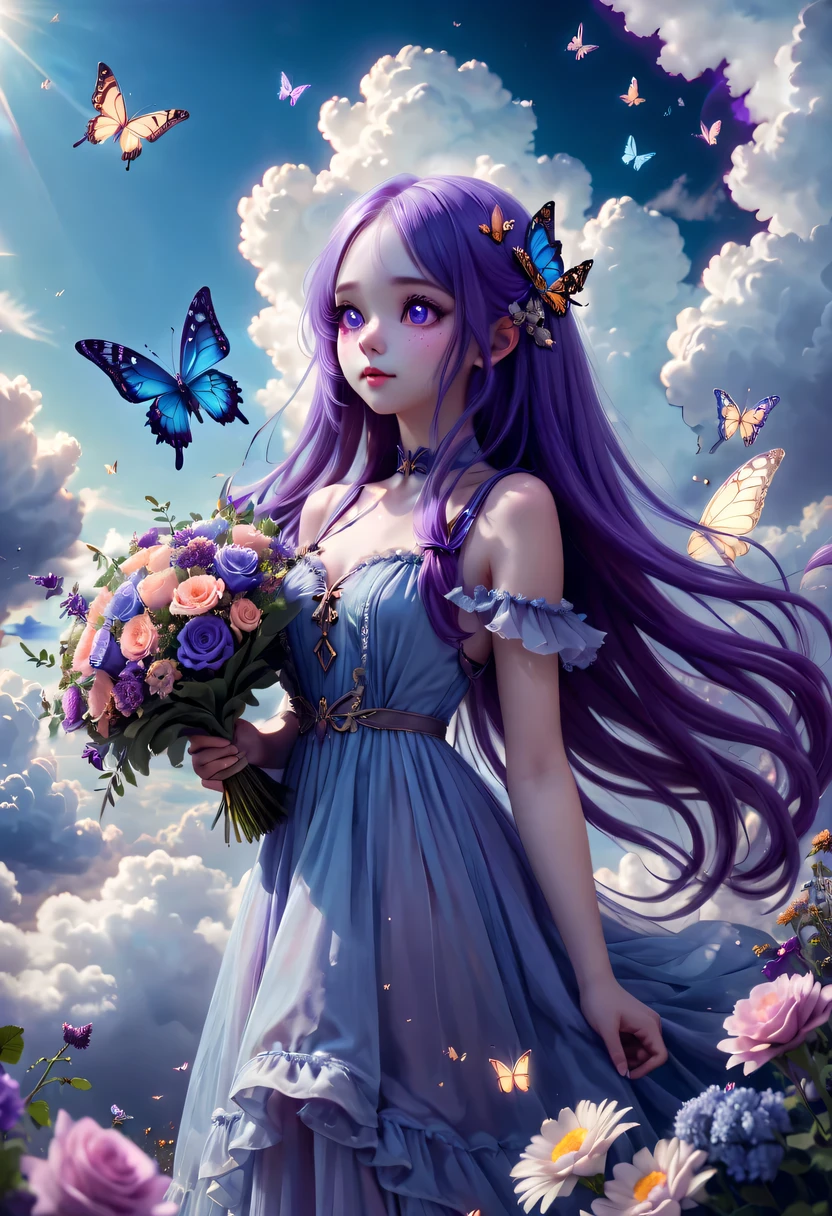 (Very detailed, best quality), floating, Extremely exquisite and beautiful dream scenes,, , [(1 girl),(long purple hair), Detailed face, neck strap, Elegant Blue Dress, Standing in the clouds, (Wide-angle lens), (mysterious atmosphere):1.5],, , [(butterfly wings),(Furry cat),(bouquet),(fairy tale), (Sunlight),(soft light),(pastel colors),(flash):0.8]