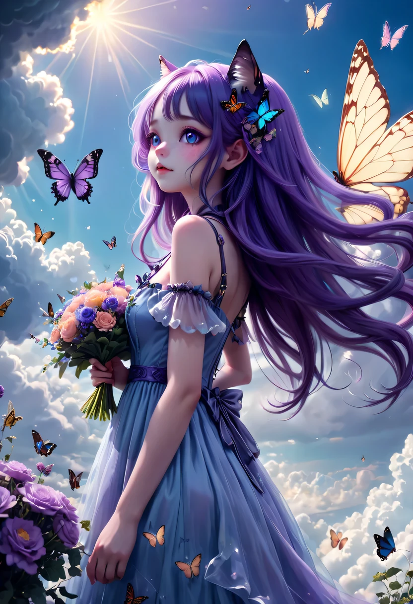 (Very detailed, best quality), floating, Extremely exquisite and beautiful dream scenes,, , [(1 girl),(long purple hair), Detailed face, neck strap, Elegant Blue Dress, Standing in the clouds, (Wide-angle lens), (mysterious atmosphere):1.5],, , [(butterfly wings),(Furry cat),(bouquet),(fairy tale), (Sunlight),(soft light),(pastel colors),(flash):0.8]